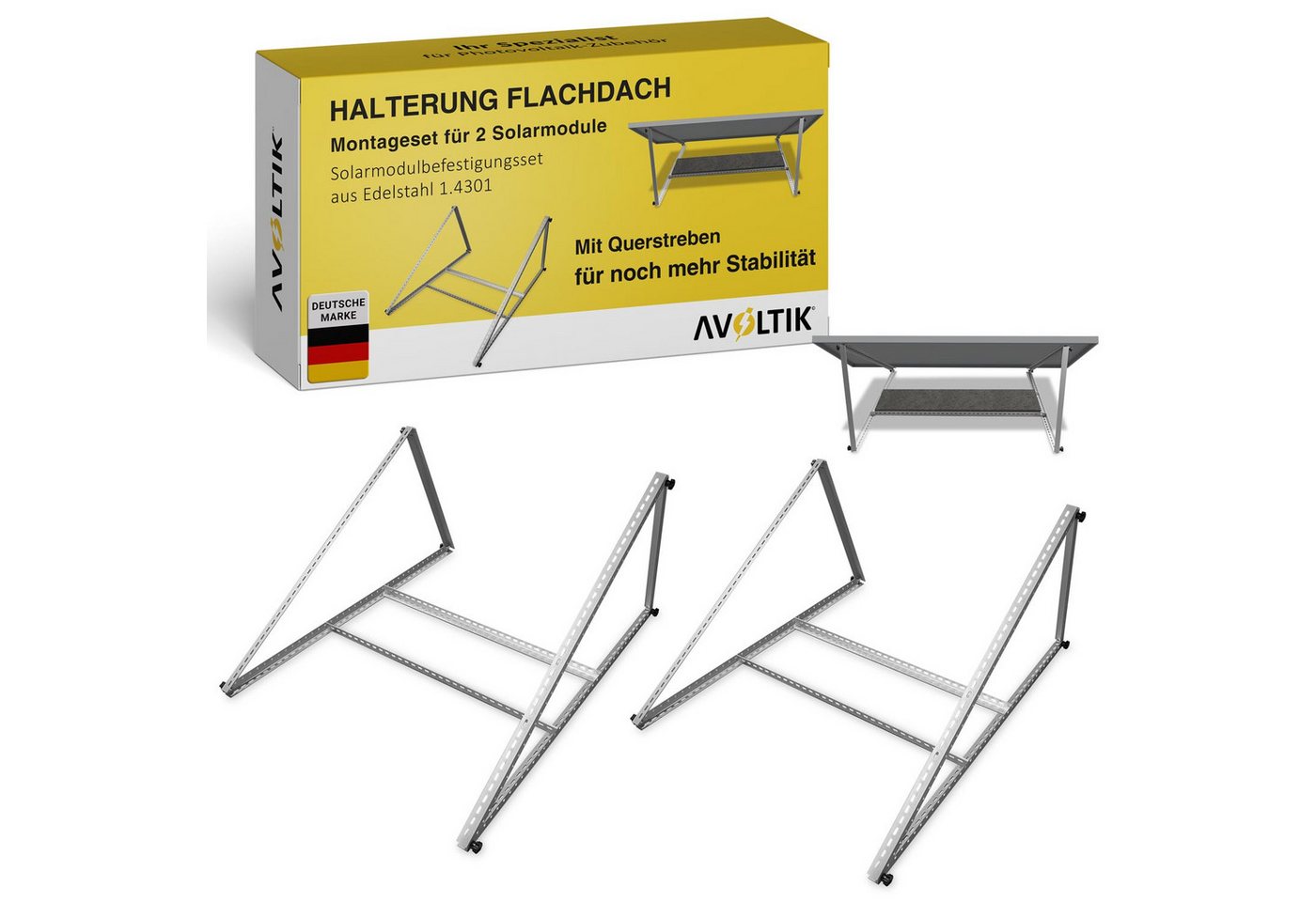 avoltik Solarmodul-Halterung Solarpanel Halterung Flachdach Montageset 114 cm - Alu 6005-T5, (Set, Set für 2 Solarmodule in Silber oder Schwarz, Korrosionsbeständig, stabile Ausführung)