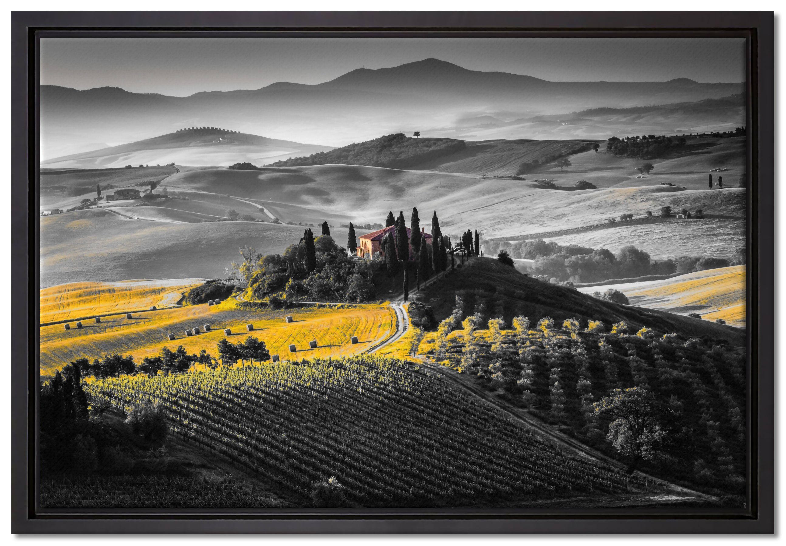 Pixxprint Leinwandbild Toskana Landschaft mit Feldern, Wanddekoration (1 St), Leinwandbild fertig bespannt, in einem Schattenfugen-Bilderrahmen gefasst, inkl. Zackenaufhänger