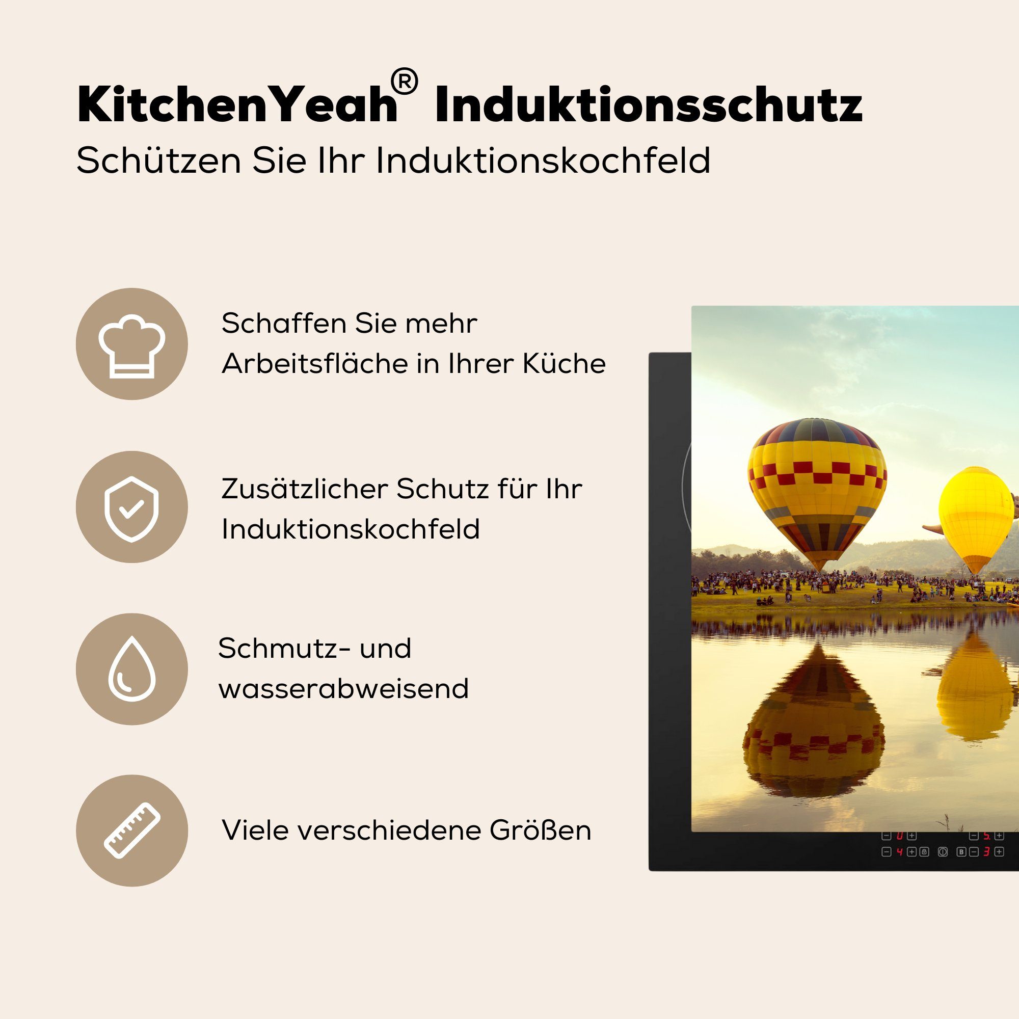 - küche, 81x52 Wasser Induktionskochfeld MuchoWow Ceranfeldabdeckung - Vinyl, die (1 Herdblende-/Abdeckplatte tlg), cm, Reflexion, Schutz Heißluftballon für