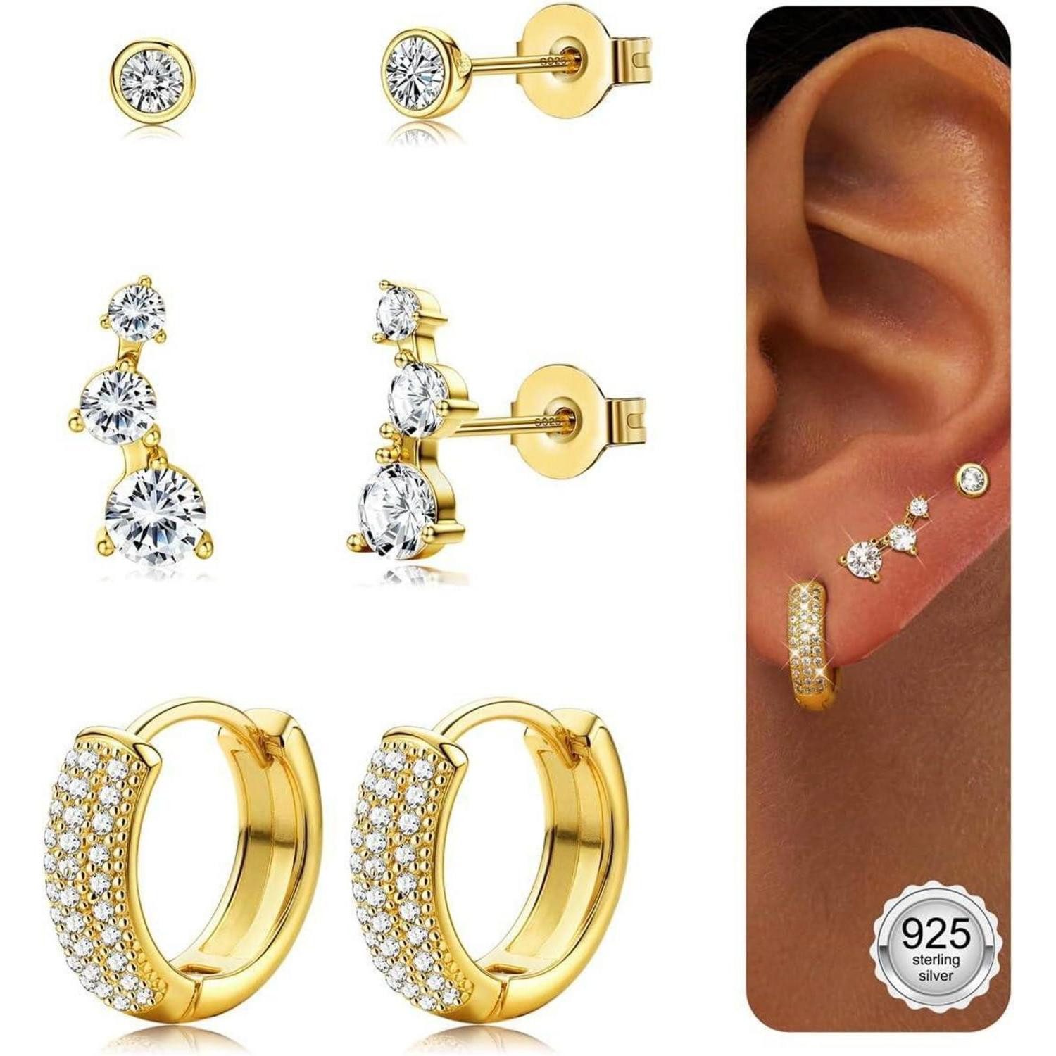 Ohrring-Set Ohrringe Ohrstecker Creolen Silber 925 Gold 14K Pfosten Set Gold-D