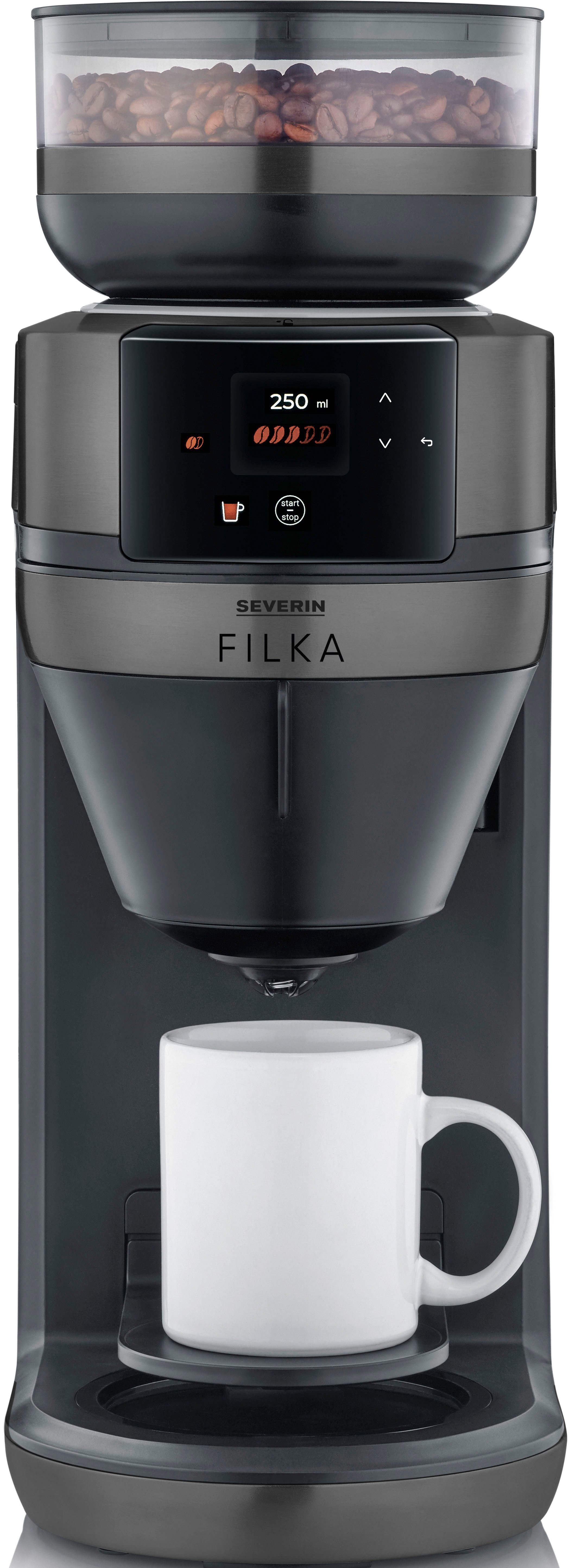 Severin Kaffeemaschine mit Mahlwerk KA 4854 FILKA (2. Generation), Filterkaffee-Vollautomat, 1,4l Kaffeekanne, Papierfilter, Permanentfilter 1x4, mit Glaskanne