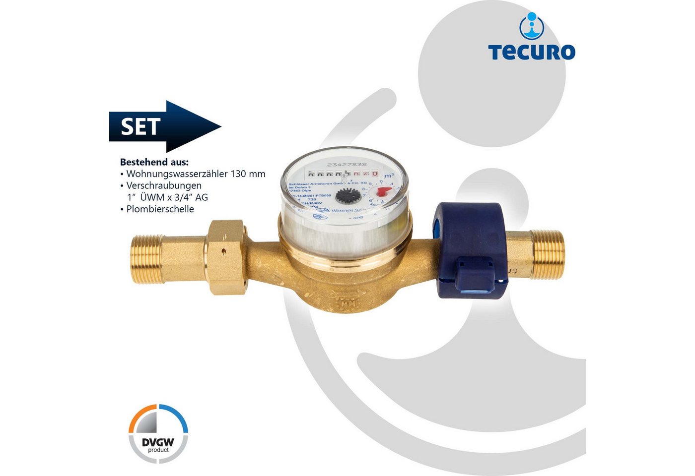 Thumbnail - tecuro Wasserzähler Kombi-Set Kaltwasser bis 30°C - Länge 130 mm, 1 Zoll AG, (inkl. Plombiersatz und Dichtung)