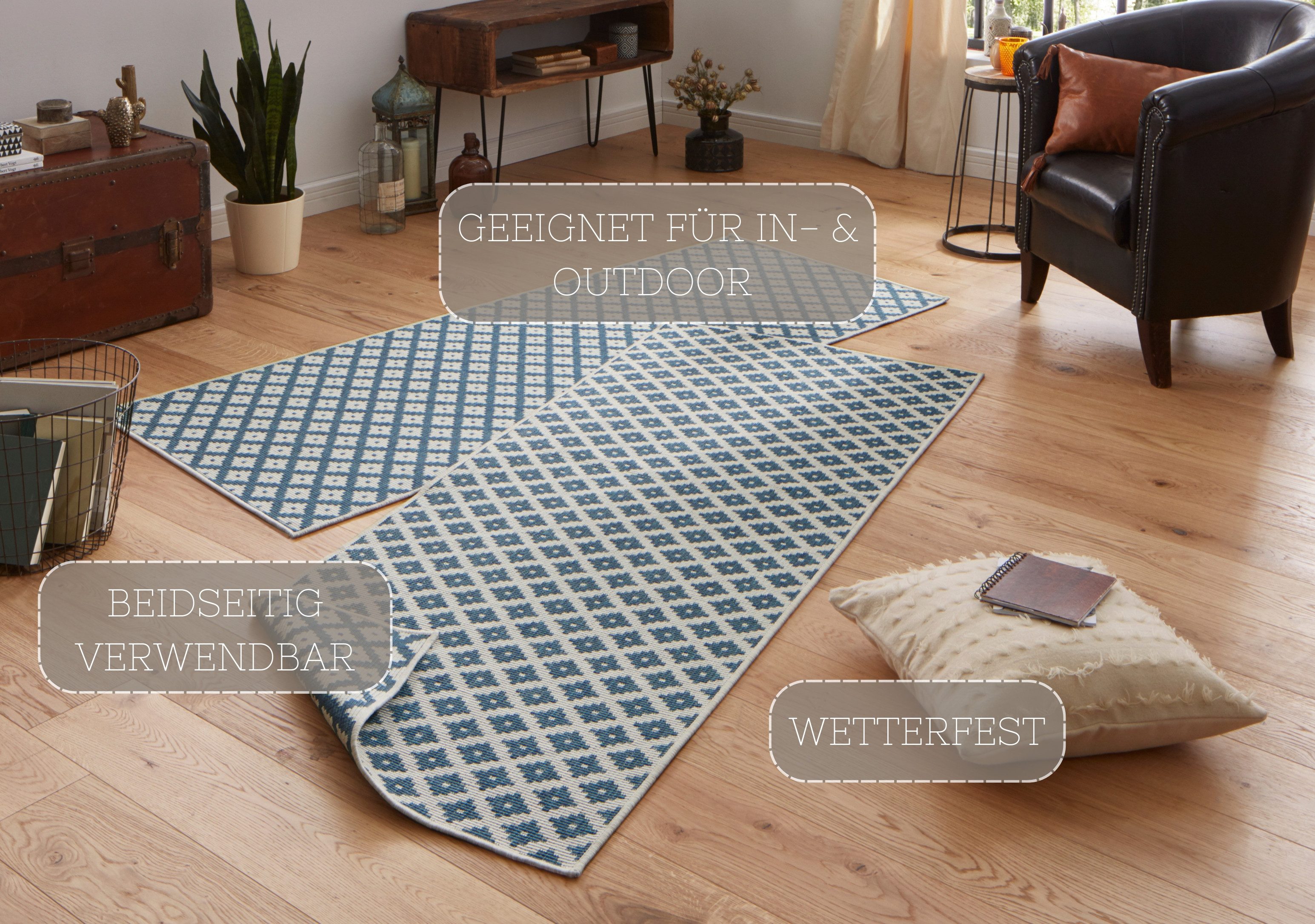 HANSE Home Teppich Nizza Wendeteppich, rechteckig, Höhe: 5 mm, In-& Outdoor, Wetterfest, Balkon, Läufer, Wohnzimmer, Wasserfest