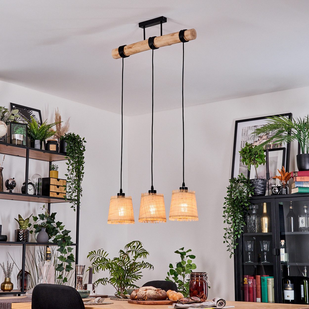 hofstein Hängeleuchte Hängelampe aus Metall/Holz/Bast in Schwarz/Naturfarben, ohne Leuchtmittel, moderne Pendelleuchte im Boho-Design mit Holzstab, 3 x E27, max. 235cm