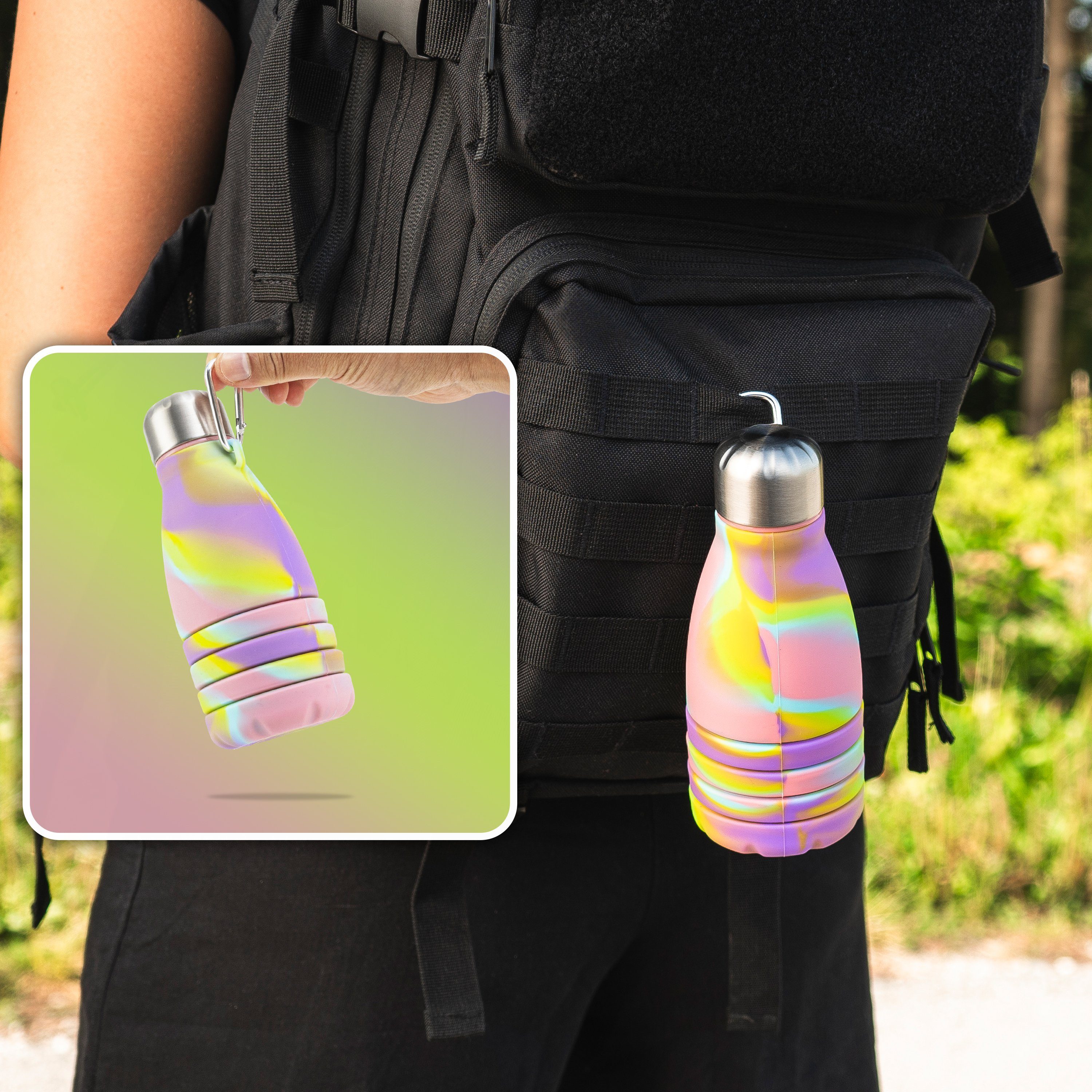 Perfekto24 Trinkflasche Faltbare Bunt aus Wasserflasche in Silikon Trinkflasche - (550ml)