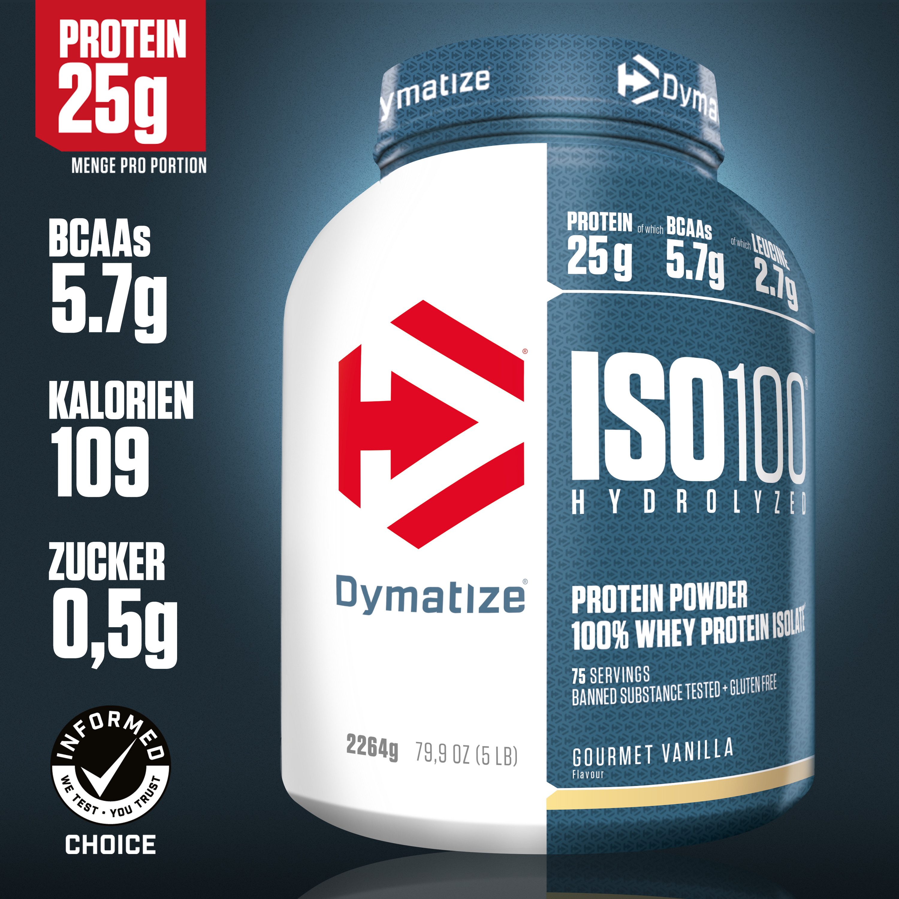 Dymatize Whey Protein Pulver Shake Eiweiß ISO 100 Gourmet Vanilla 2264 g Pulver, 1 er Dose à 1 St., 2264 g