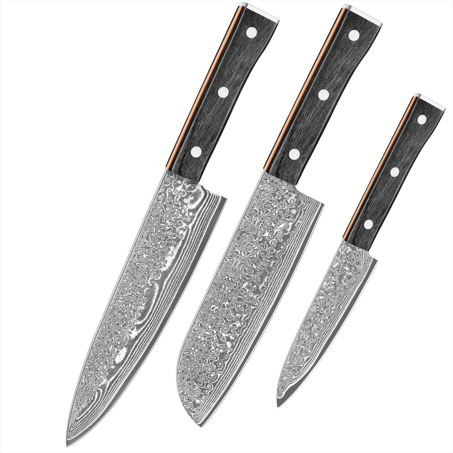 UniqueFire Messer-Set 3tlg. Damastmesser Set Küchenmesser aus 67 Lagen Damaststahl (3-tlg)