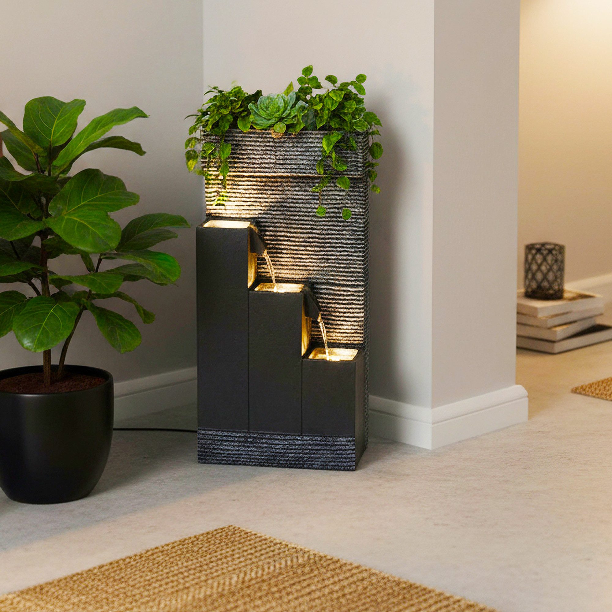 Arnusa Zimmerbrunnen BK845 Springbrunnen mit Beleuchtung Gartenbrunnen Kaskade, mit Dekorationsbecken, für Innen und Außen