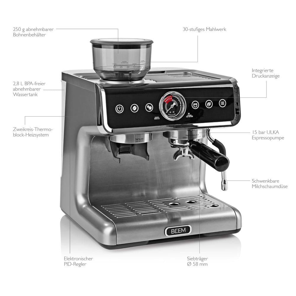 BEEM Siebträgermaschine ESPRESSO-GRIND-PROFESSION Espresso-Siebträgermaschine mit Mahlwerk - 15 bar, 2xThermoblock Dampfdüse Entkalkungsfunktion