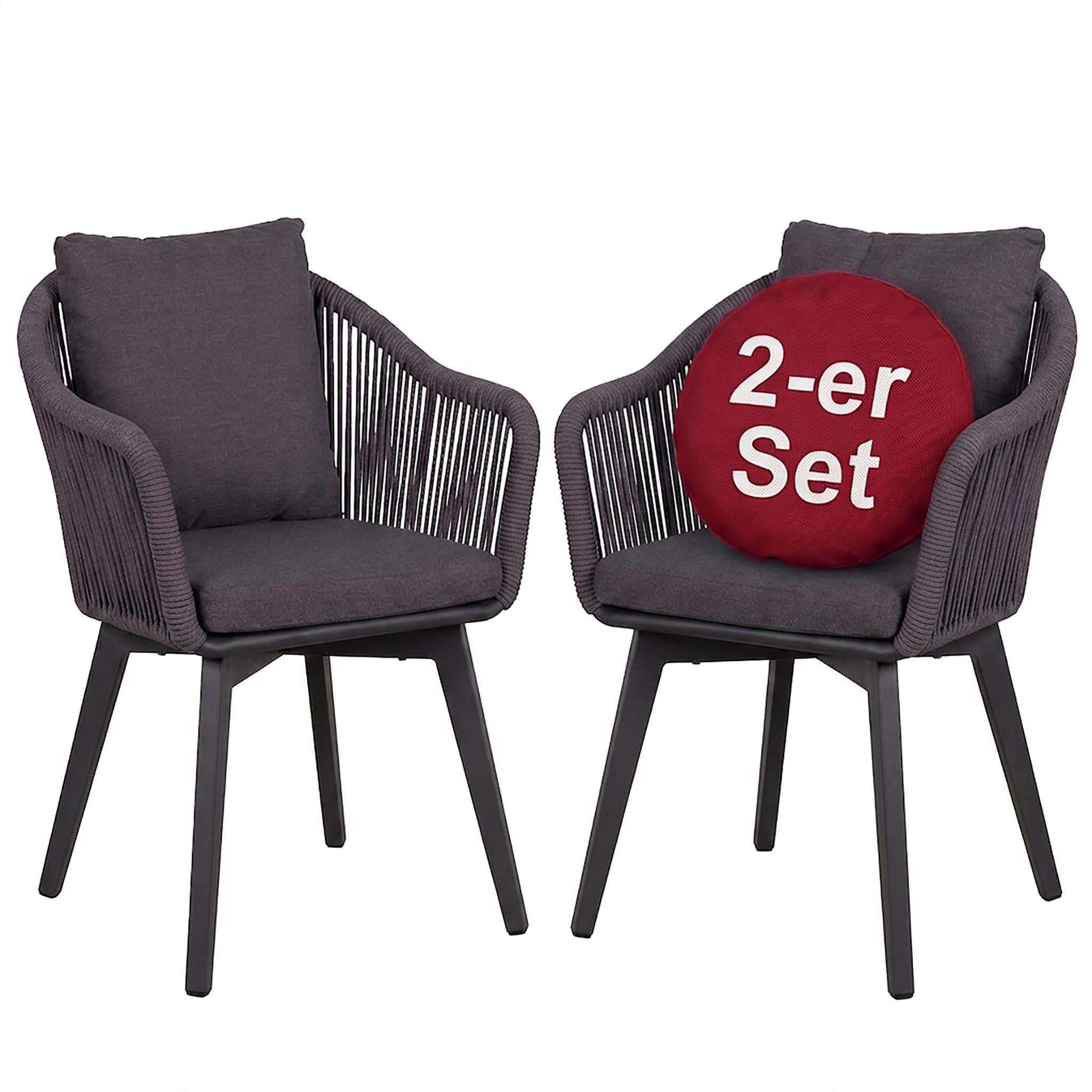 MR.DEKO Gartenstuhl 2er Set Marbella, Rope Geflecht, moderne Gartenstühle mit Kissen Grau (Gartenstuhl-Set, 2 St), Mit Sitz- und Rückenkissen, wetterfest und rostfrei