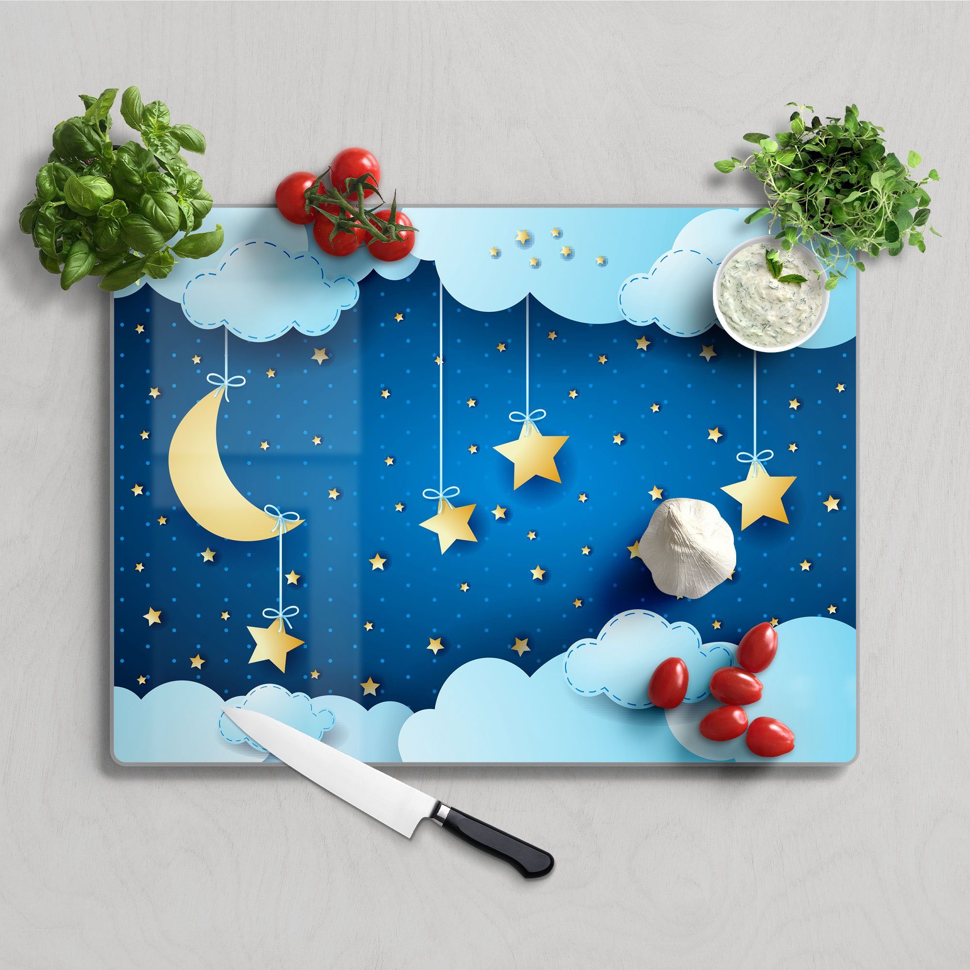 DEQORI Schneidebrett 'Mond Sterne Platte Collage', Schneideplatte Frühstücksbrett Glas, und