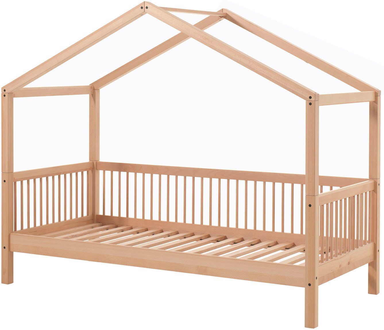 Vipack Hausbett Forrest mit hochwertiger und stabiler Verarbeitung, Made in Europe (Buche massiv natur, 90/200 cm, inkl. Bettschublade auf Rollen), wahlweise ohne oder mit Textilhimmel