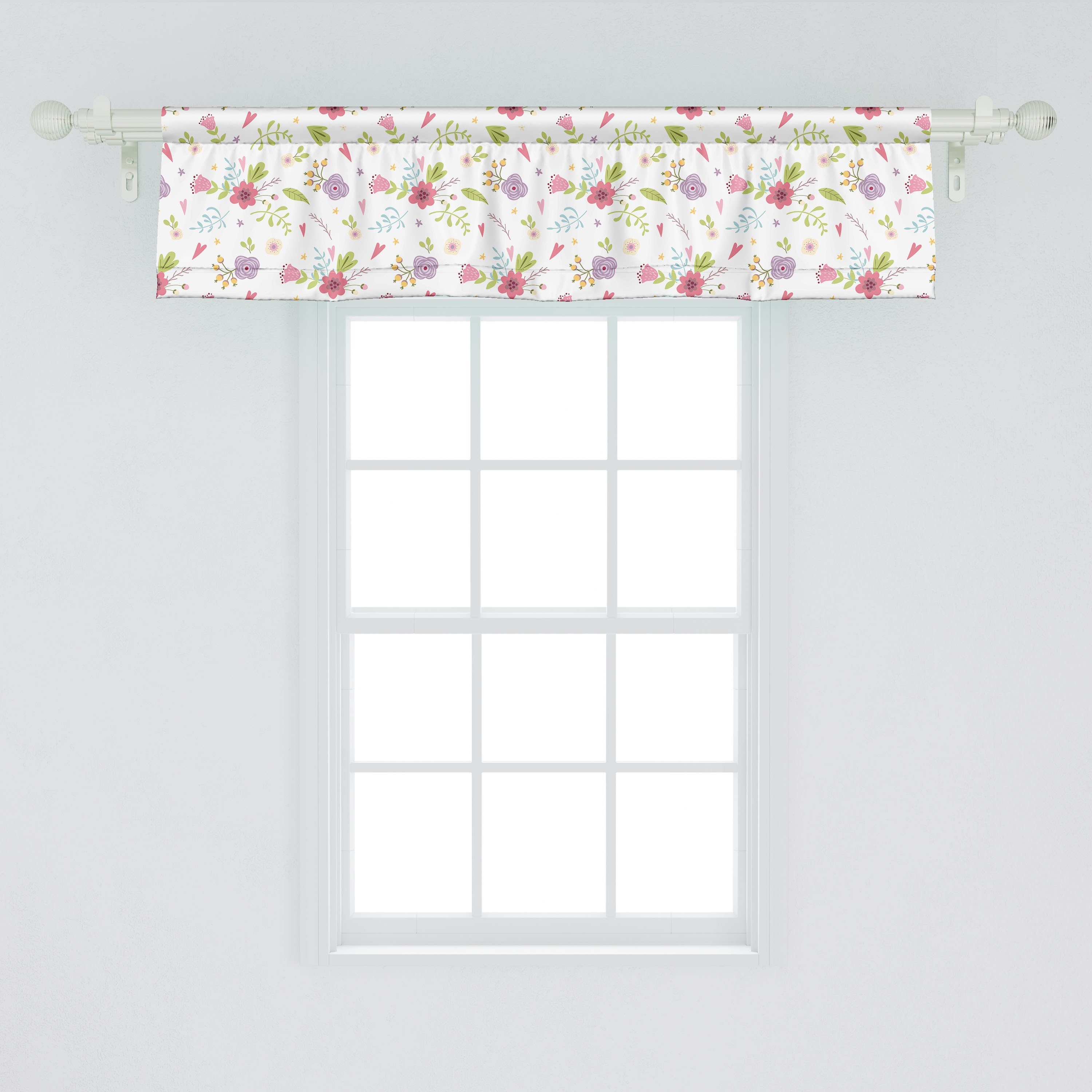 Scheibengardine Vorhang Volant für Küche Abakuhaus, Blumenland Microfaser, Dekor Schlafzimmer mit Garten-Gekritzel-Herzen Stangentasche