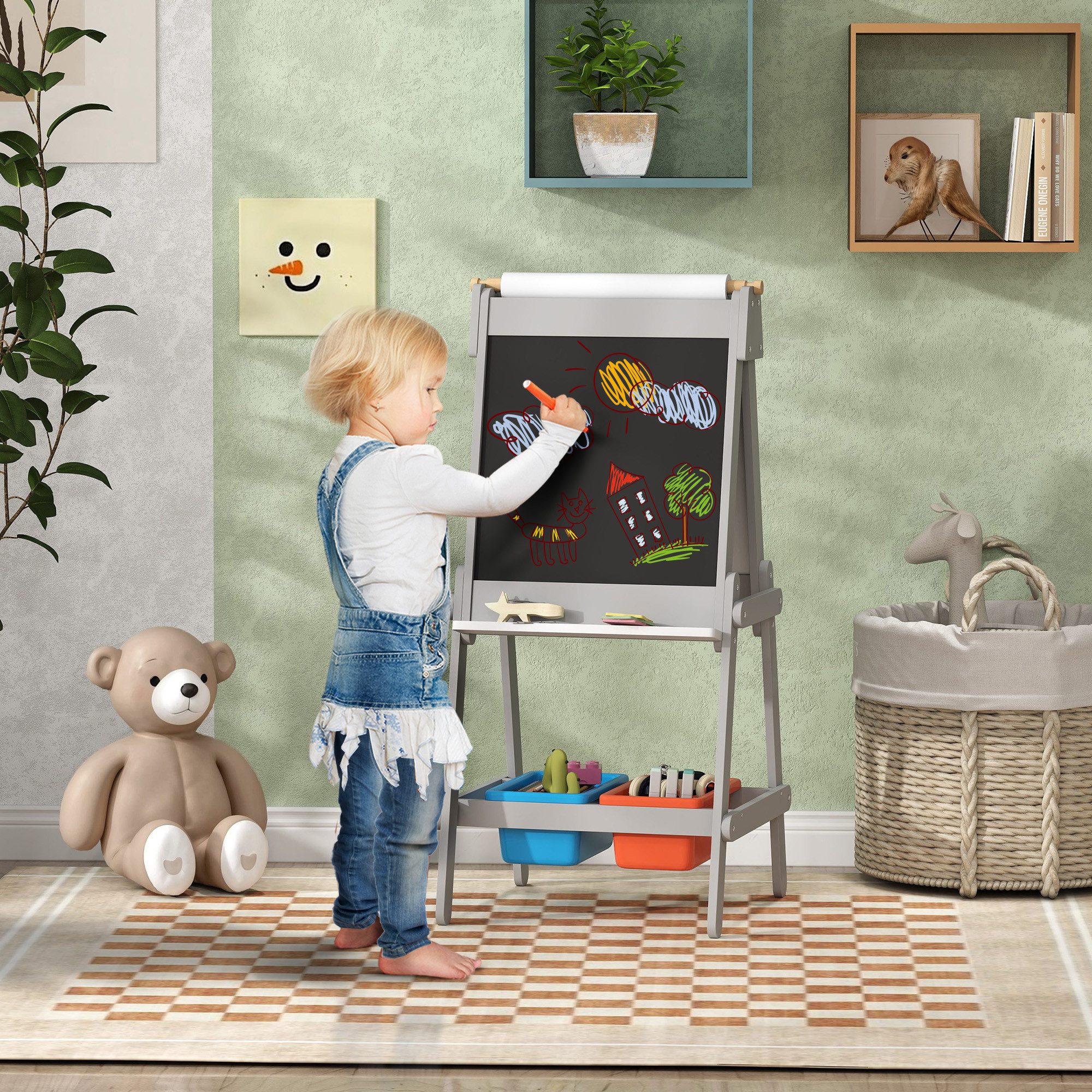 AIYAPLAY Tafel Kreidetafel Radiergummi Zeichenpapier Standtafel, (Kinder Staffelei, 1-tlg., Kindertafel), für Kinder 3-8 Jahre, Grau