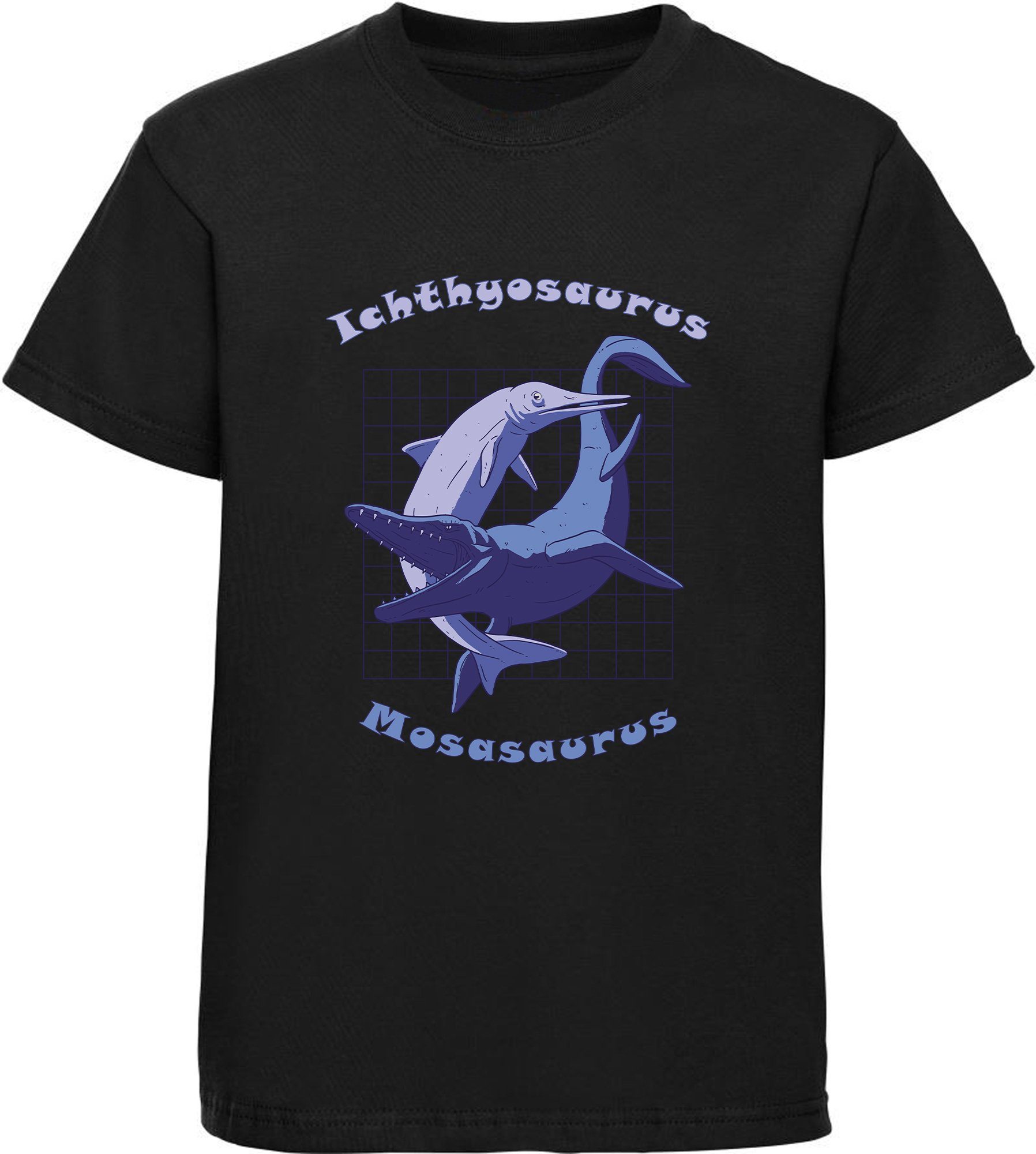 100 % Zufriedenheit und Qualitätsgarantie MyDesign24 Print-Shirt bedrucktes Kinder i89 T-Shirt schwarz, blau, weiß, mit und Baumwollshirt Mosasaurus mit rot, Ichthyosaurus Dino