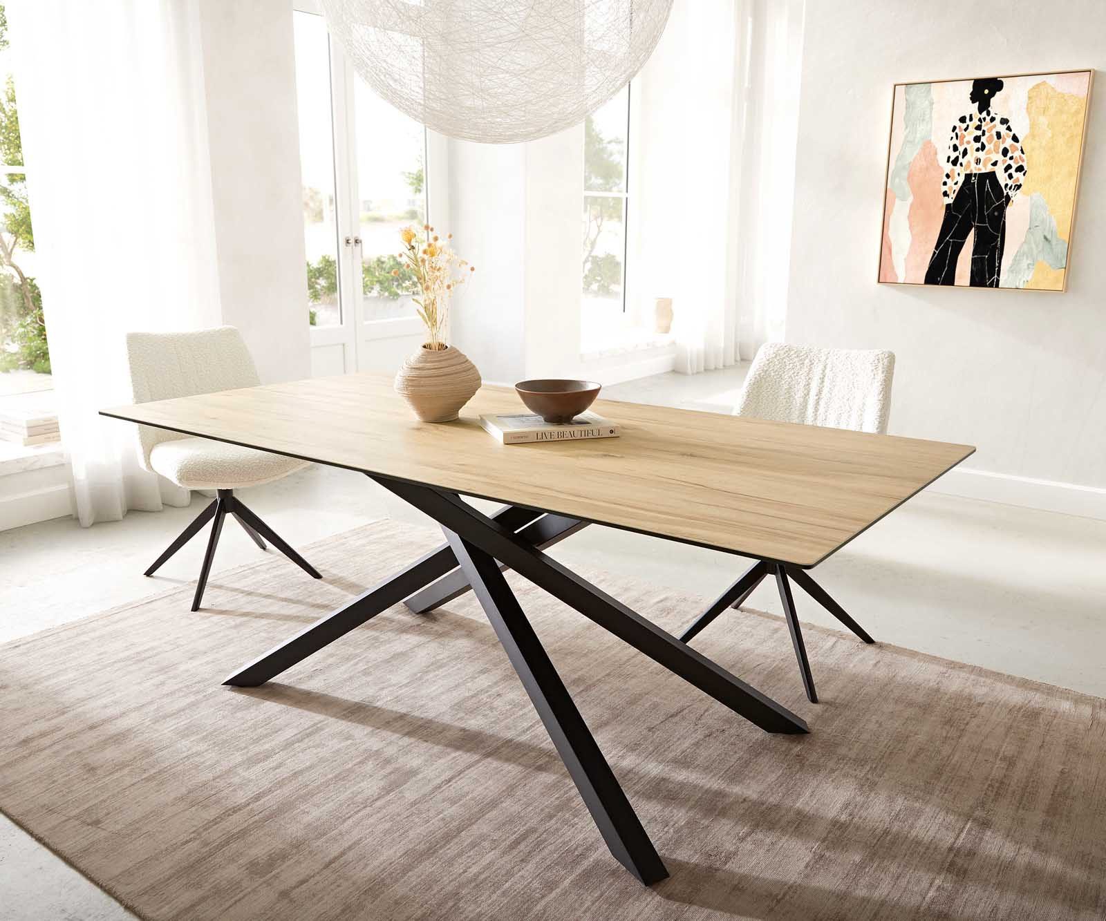 DELIFE Esstisch Edge, Keramik Laminam® Sabbia Eichefarbig 200x100 Kreuzgestell Rechteck Schw