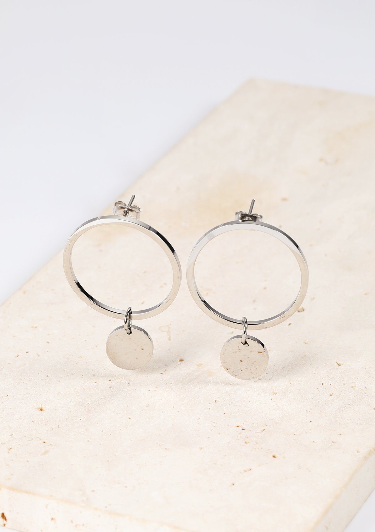Hey Happiness Paar Ohrhänger Ohrstecker Damen Plättchen rund, 18K Gold Roségold, Kreis Ohrringe Edelstahl Creolen hängend, wasserfest