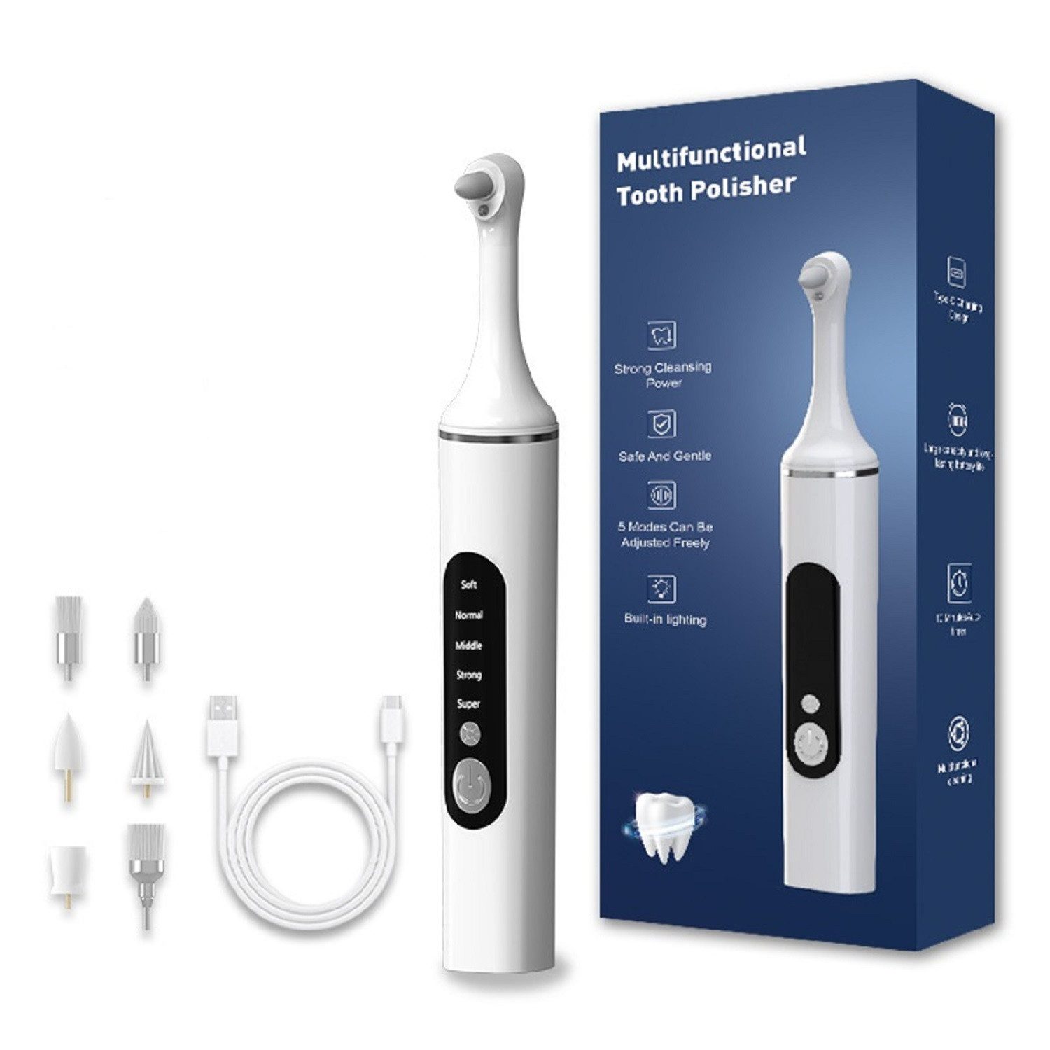 COOL-i ® Mundpflegecenter Zahnpolierer Set mit LED & 5 Modi& 6 Köpfen, Für kosmetische Zahnpflege, sanftes Aufhellen & frischen Atem