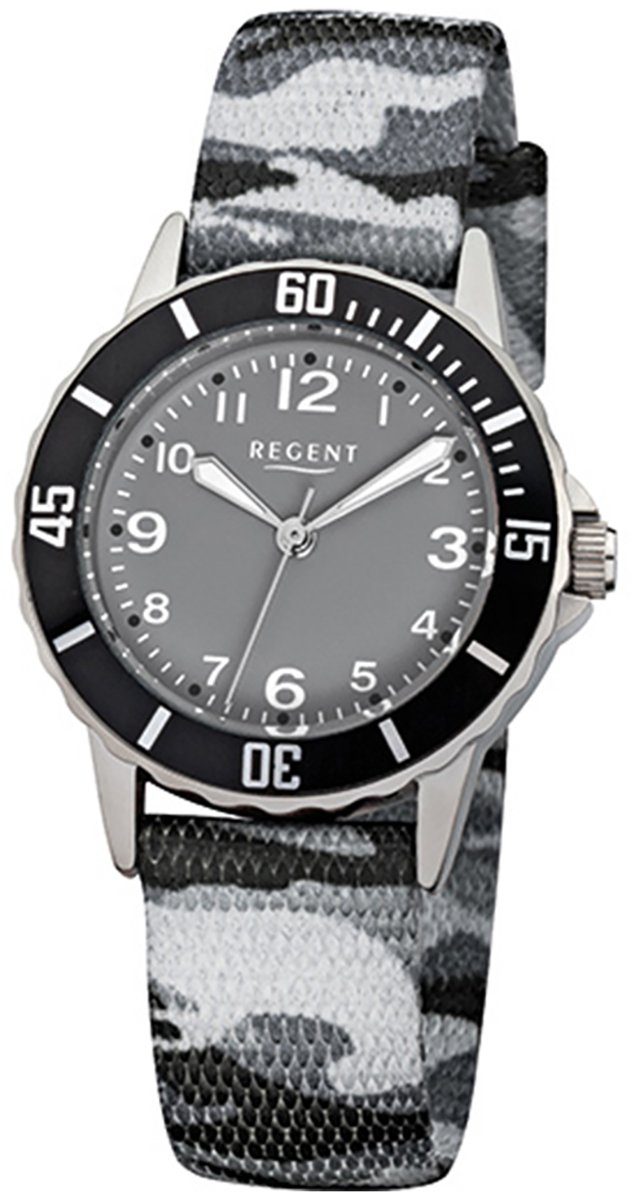 Regent Quarzuhr Regent Kinder-Armbanduhr grau schwarz, Kinder Armbanduhr rund, mittel (ca. 32mm), Textilarmband