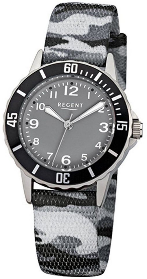 Regent Quarzuhr Regent Kinder-Armbanduhr grau schwarz, Kinder Armbanduhr  rund, mittel (ca. 32mm), Textilarmband