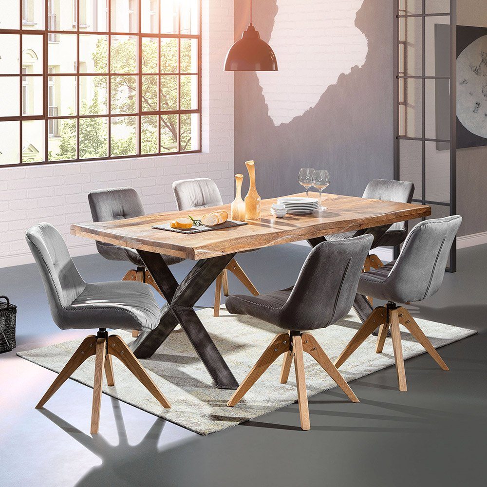 Lomadox Essgruppe TARRAS-123, (Spar-Set), Massivholz Esstisch 240 cm mit 6 Stühlen Tisch mit Metallgestellen
