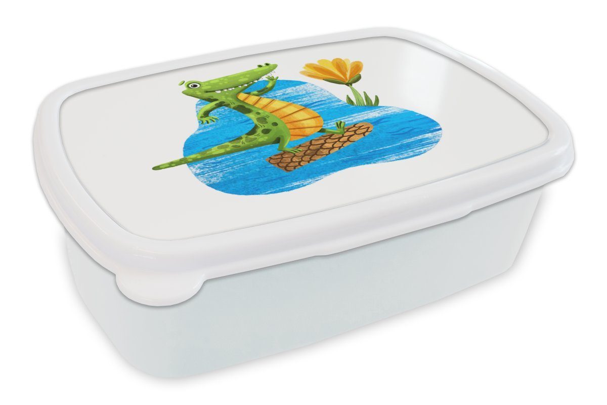 MuchoWow Lunchbox Krokodil - Wasser - Dschungel, Kunststoff, (2-tlg), Brotbox für Kinder und Erwachsene, Brotdose, für Jungs und Mädchen weiß