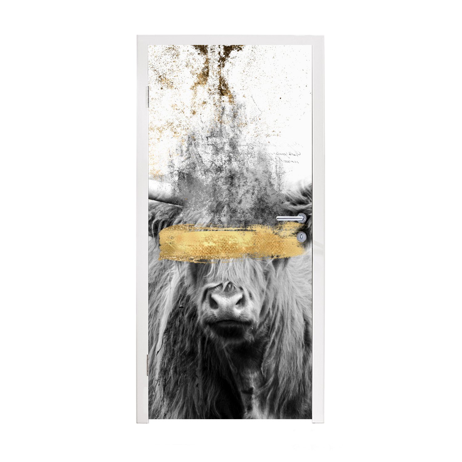 MuchoWow Türtapete Schottischer Highlander - Gold - Abstrakt, Matt, bedruckt, (1 St), Fototapete für Tür, Türaufkleber, 75x205 cm
