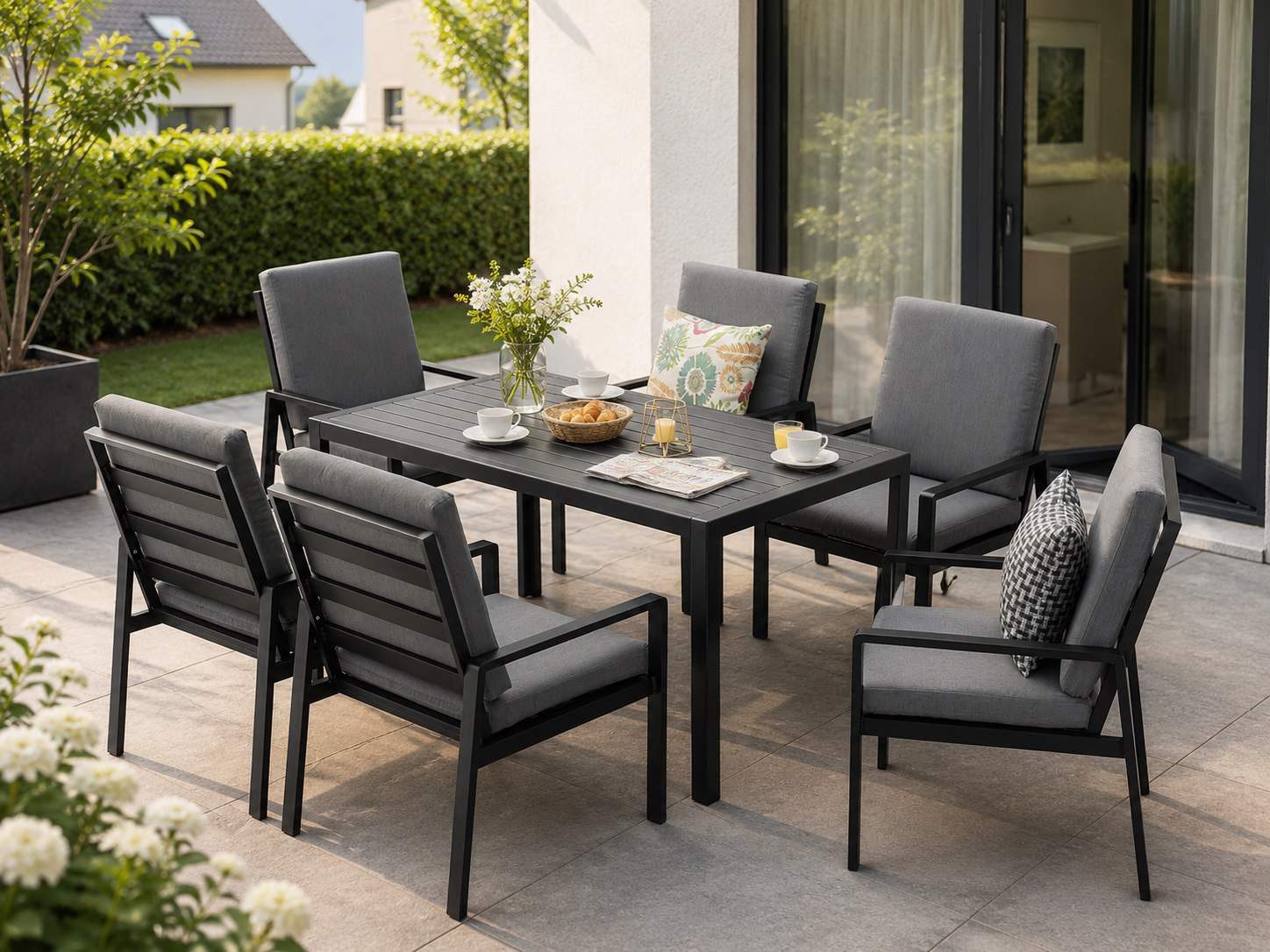 MeXo Gartenlounge-Set Gartenmöbel Set Aluminium Outdoor, (Garten-Essgruppe für 6 Personen, 7-tlg., mit Polywood Tisch & Auflagen), wetterfest für Terrasse & Garten