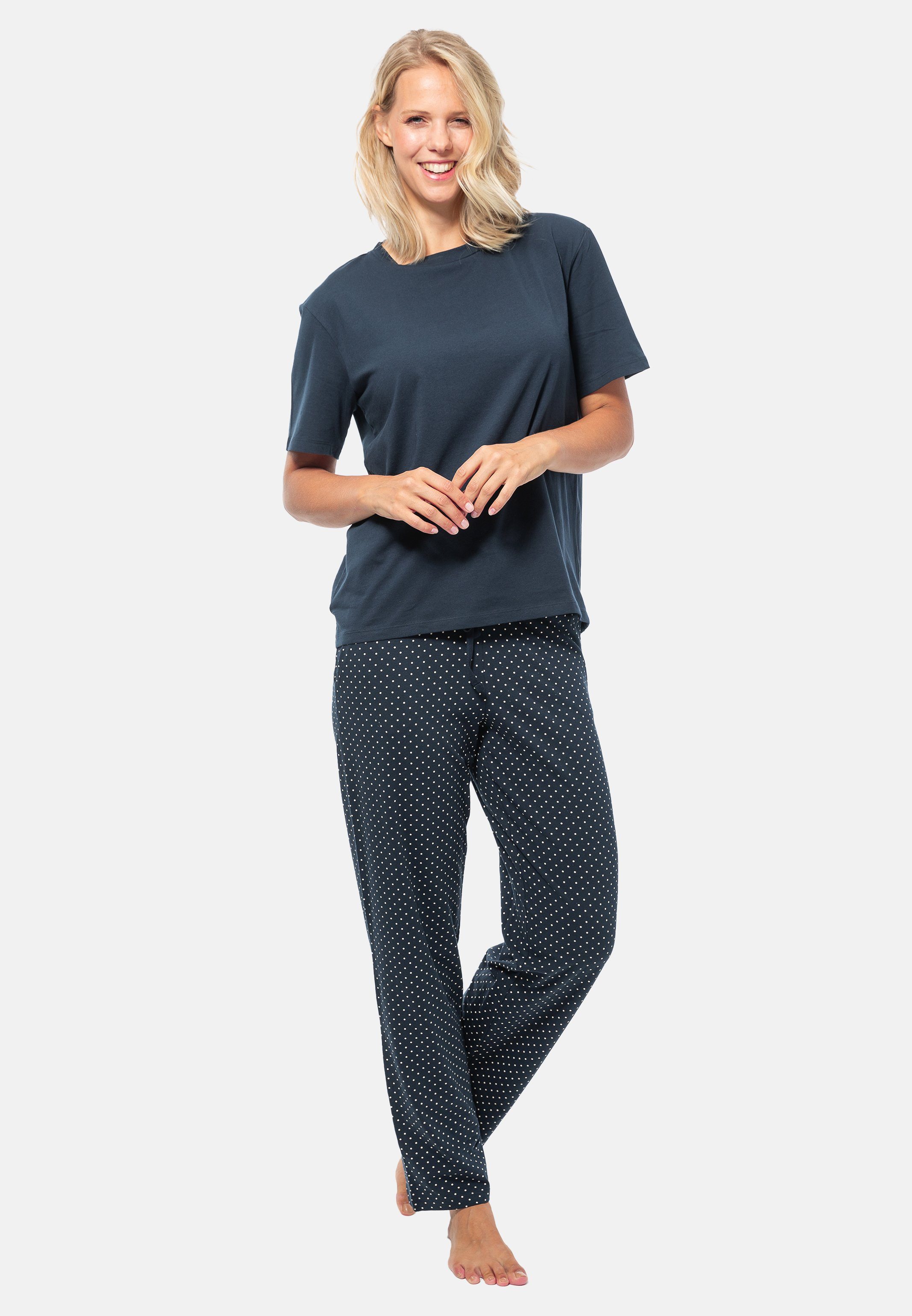 Schiesser Pyjama Cotton Blau (Set, tlg) - Organic gepunktet / Schlafanzug 2 - Dunkelblau Baumwolle