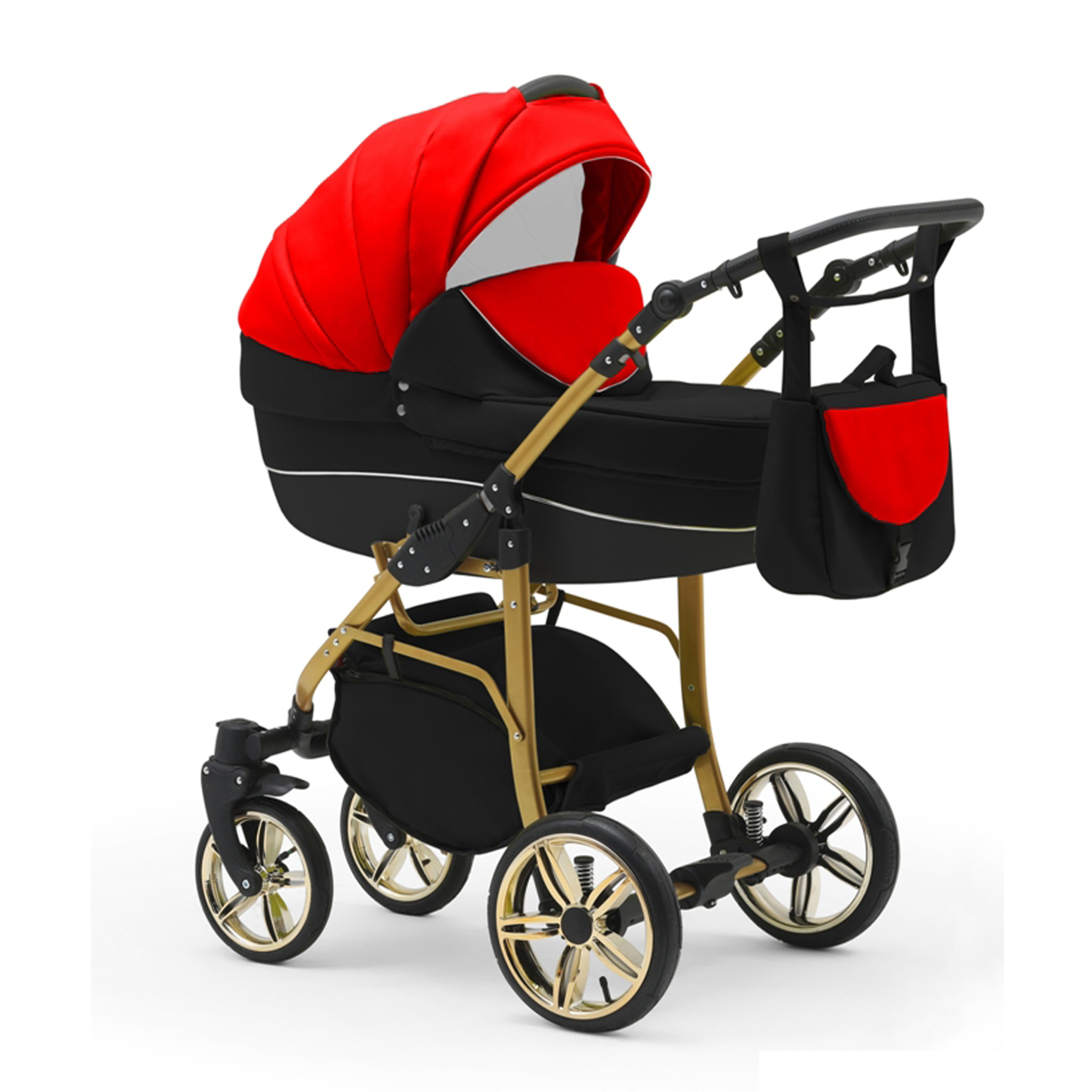 babies-on-wheels Kombi-Kinderwagen 2 in 1 Kinderwagen-Set Cosmo ECO Gold - 13 Teile - in 46 Farben Schwarz-Rot