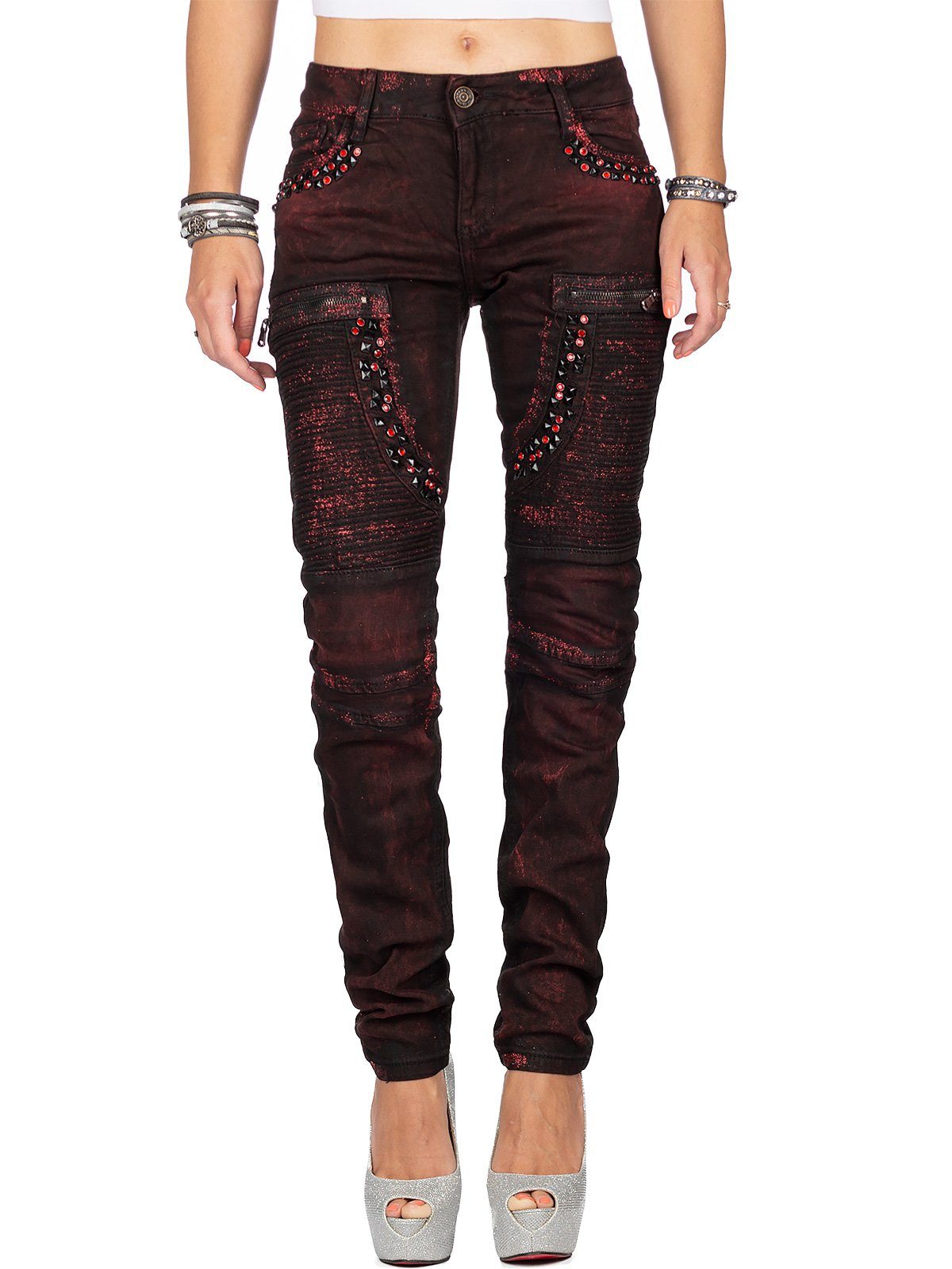Cipo & Baxx Bikerjeans Damen Slim Fit Hose Mid Waist BA-WD388 Bordeaux W30/L34 Nieten Strasssteinen und Aufwendigen Verzierungen