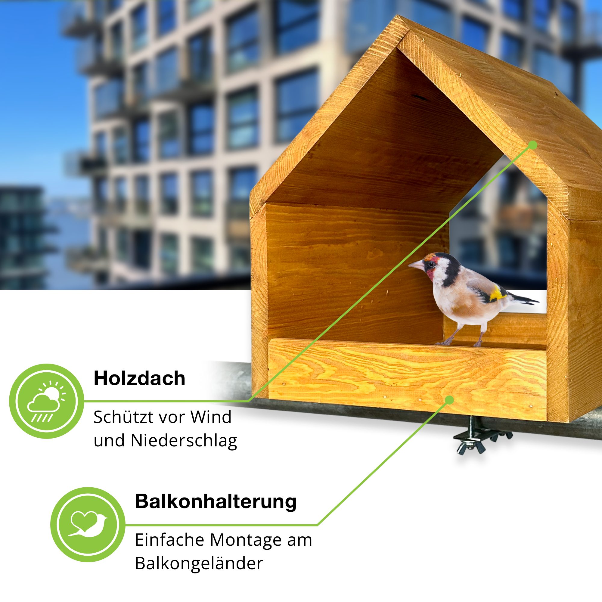 gartenetage Vogelhaus Balkon-Vogelfutterhaus aus massivem Kiefernholz mit Balkonhalterung, wetterfestes Futterhaus für Wildvögel, Meisen & Rotkehlchen