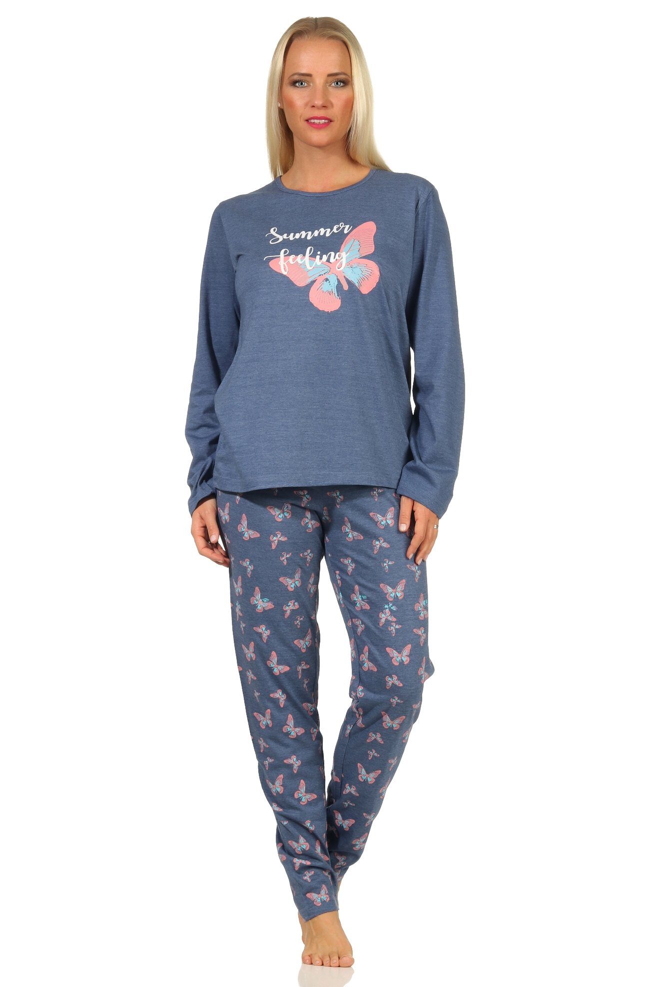 RELAX by Normann Pyjama Damen langarm Schlafanzug mit Schmetterlingsmotiv - 122 10 811 blau