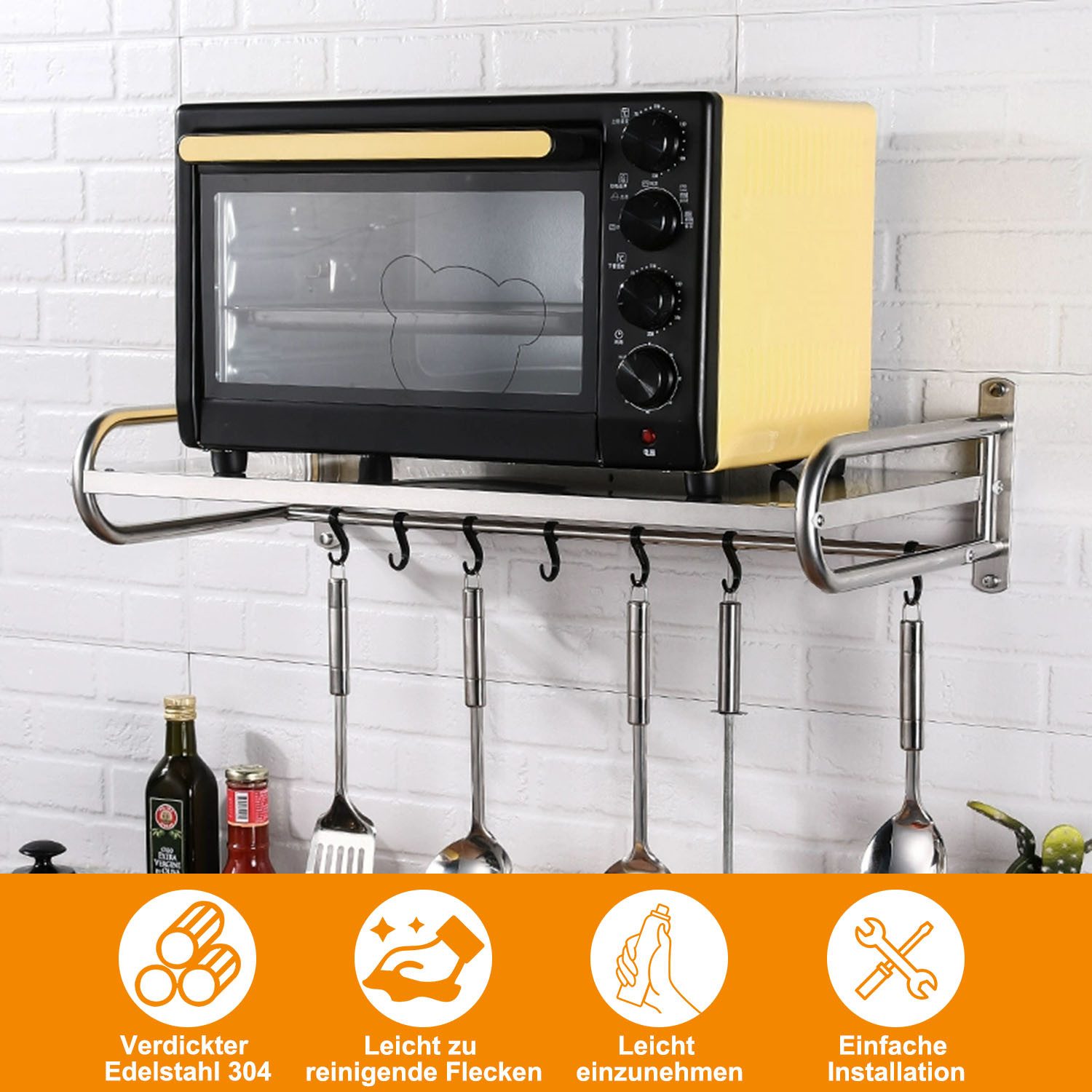 HEYHIPPO Wandregal Wandmontierte Mikrowellenhalterung aus Edelstahl für die Küche, passend für die meisten Mikrowellen unter 45cm, Organizer-Regal über dem Mikr – Bild 5 von 5