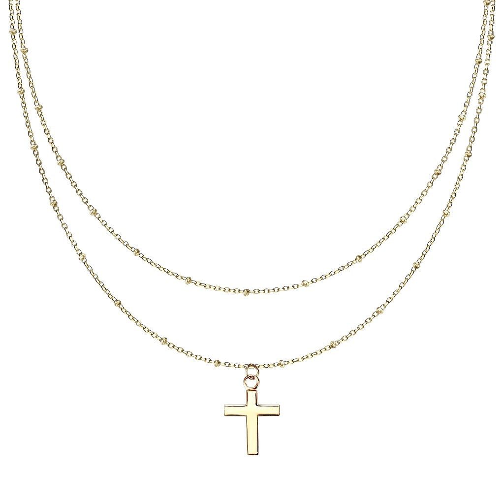 BUNGSA Kette mit Anhänger Kette Doppelkette Kreuz gold aus Edelstahl Damen (1-tlg), Halskette Necklace