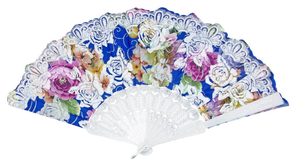 Das Kostümland Kostüm Glitzer Handfächer mit Rosen - Weiß / Blau
