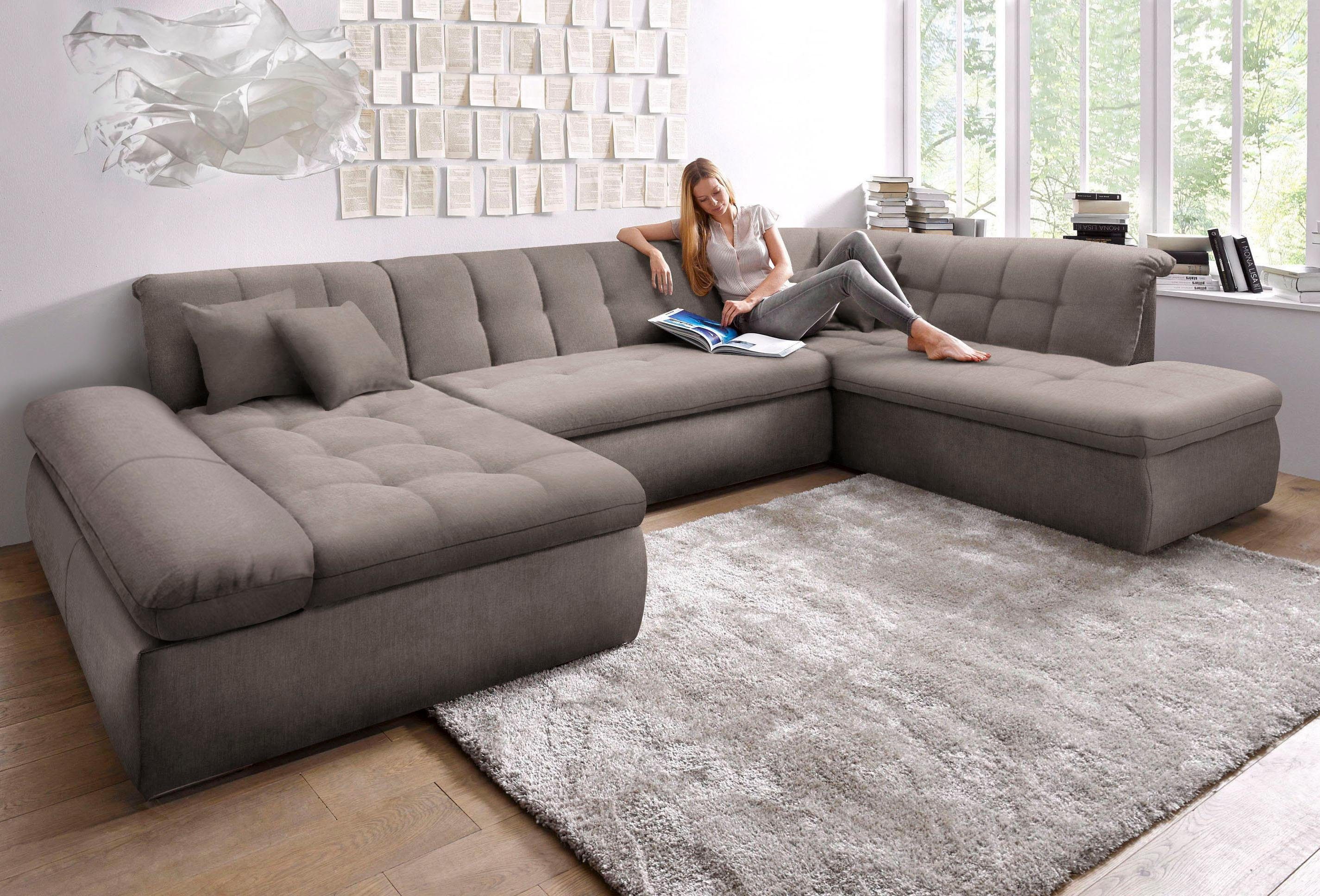 DOMO collection Wohnlandschaft NMoric im XXL-Format, B/T/H: 353/216/80 cm, incl. Zierkissen U-Form, wahlweise mit Bettfunktion und Armlehnenverstellung