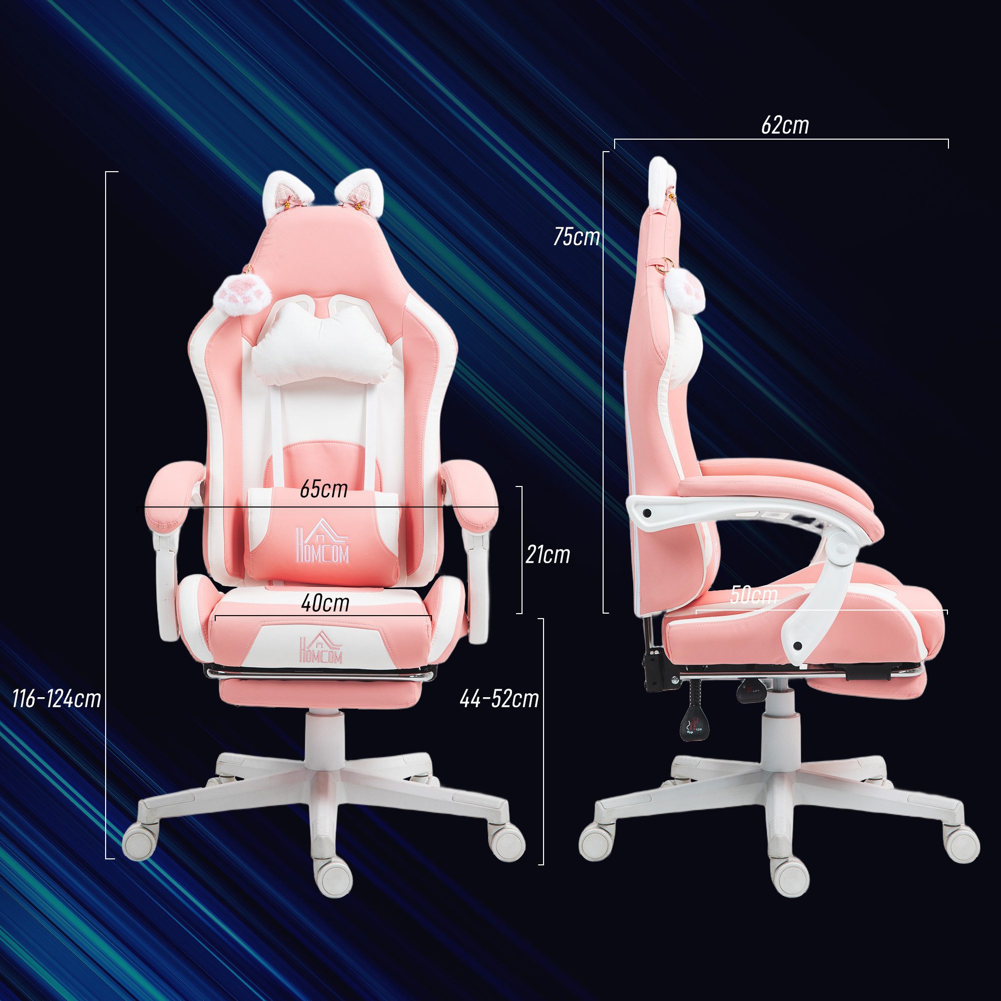 HOMCOM Gaming-Stuhl Ergonomischer Gamer Stuhl mit Lendenwirbelstütze, Fußstütze (Gaming Sessel, 1 St), Höhenverstellbar Bürostuhl mit Verstellbar Liegefunktion Rosa