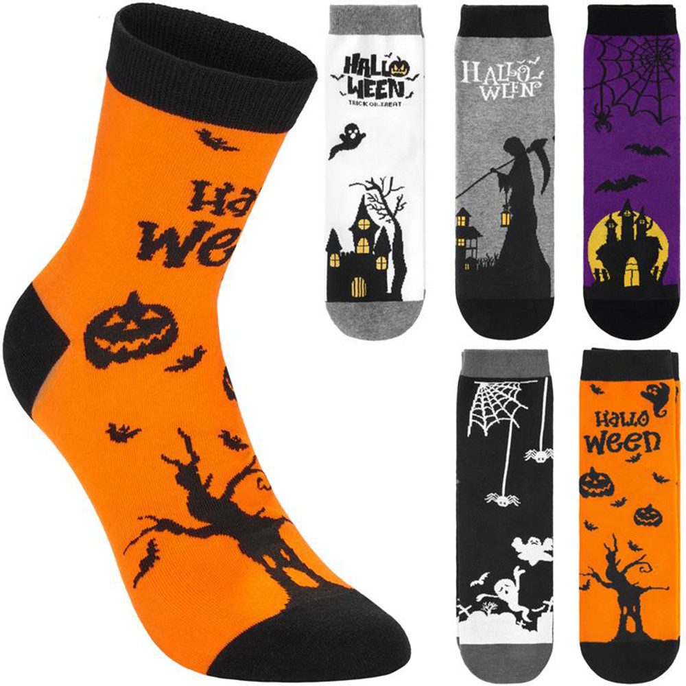 BRUBAKER Socken Halloween Sockenset - Lustige Baumwollsocken in Orange, Lila & Schwarz (5-Paar) Kürbis, Skelett & Gespenst - Bunte Herbstsocken für Damen & Herren