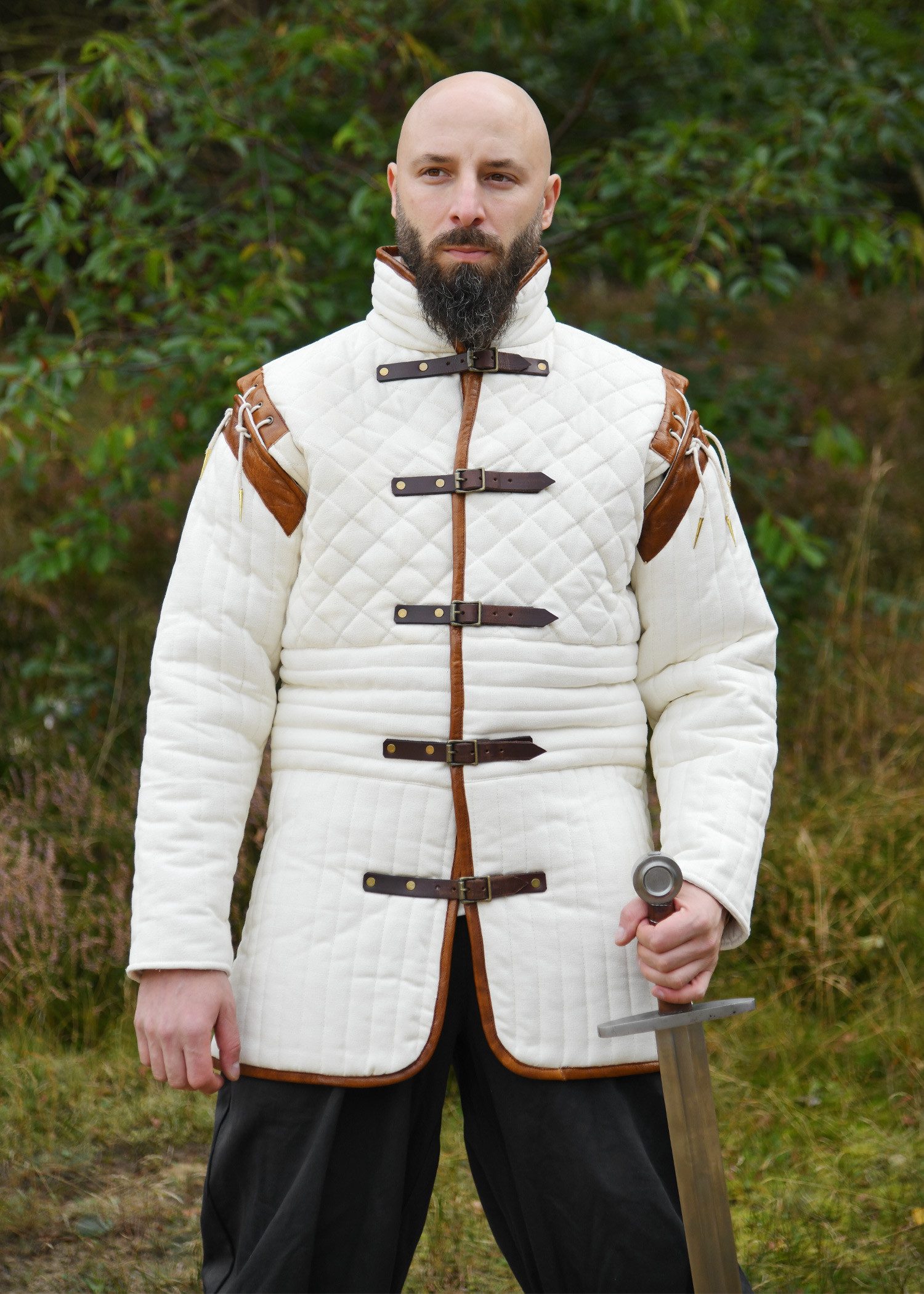 Wikinger-Kostüm Langer Gambeson mit abnehmbaren Ärmeln und Leder, natur-braun