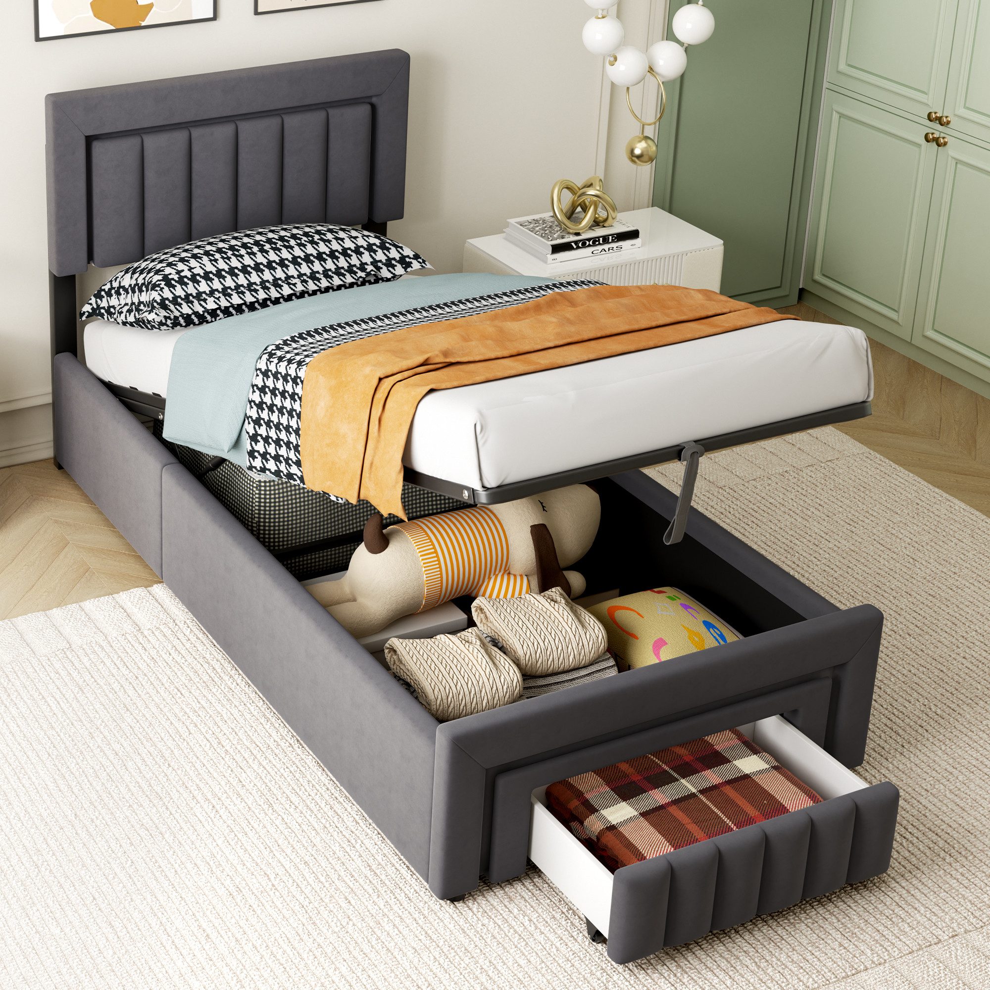 HAUSS SPOLE Polsterbett 90×200 Boxspringbett Jugendbett mit Bettkasten und Schubladen,Grau (90×200 Einzelbett Boxspringbett Jugendbett mit Stauraum und Lattenrostkonstruktion), Funktionbett mit Lattenrostkonstruktion ohne Matratze