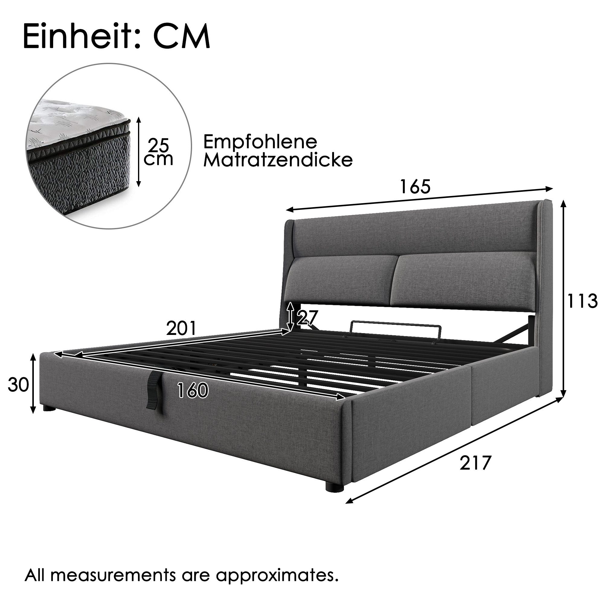 TavilaEcon Boxspringbett Polsterbett mit verstellbarem Kopfteil und Bettkasten, Grau, aus Leinenmaterial mit Lattenrost, 160x200cm