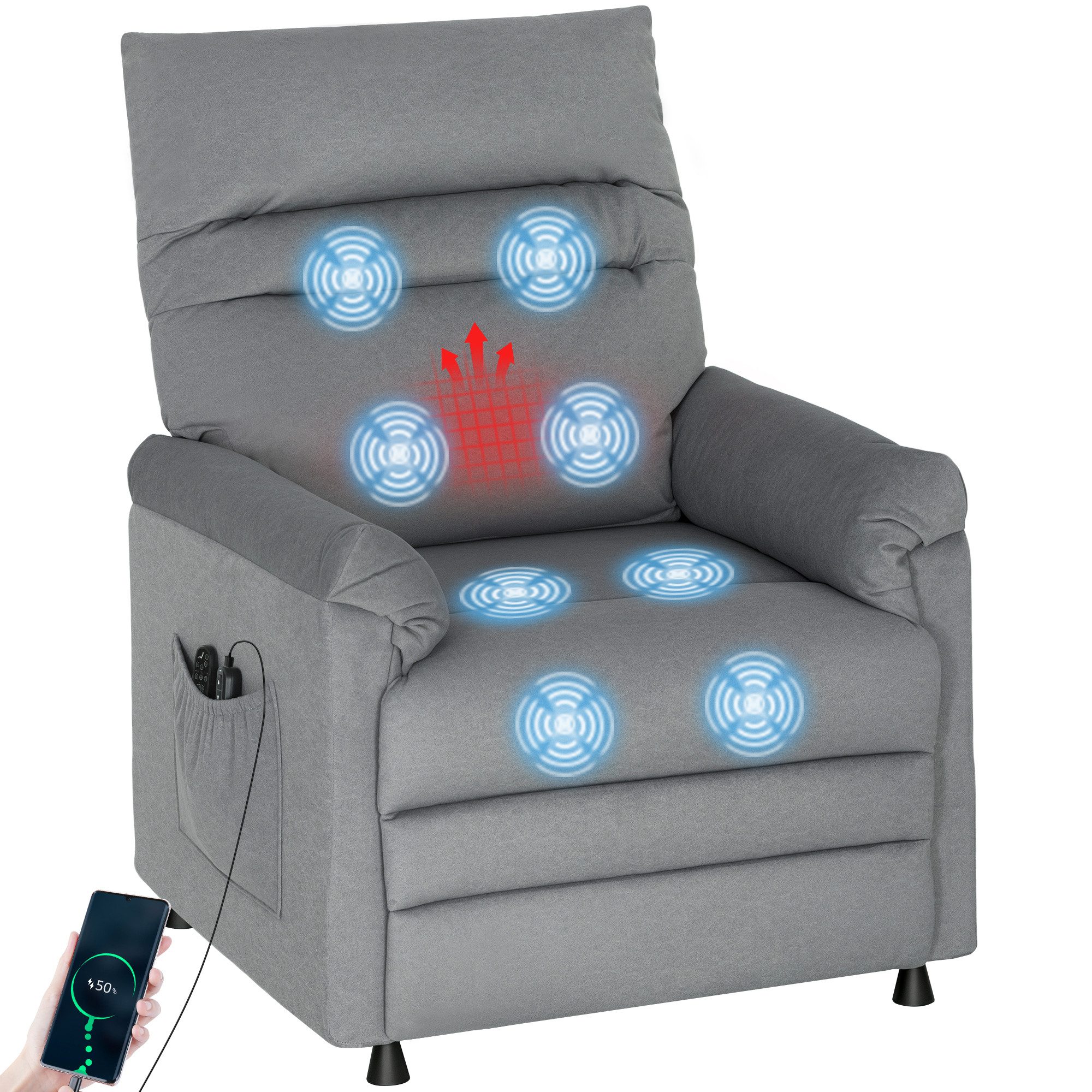 HOMCOM Massagesessel Memory-Funktion Relaxsessel (Fernsehsessel mit Liegefunktion, 1-St., TV Sessel), Leise, stufenlos elektrisch verstellbar, 8-Punkt-Massage