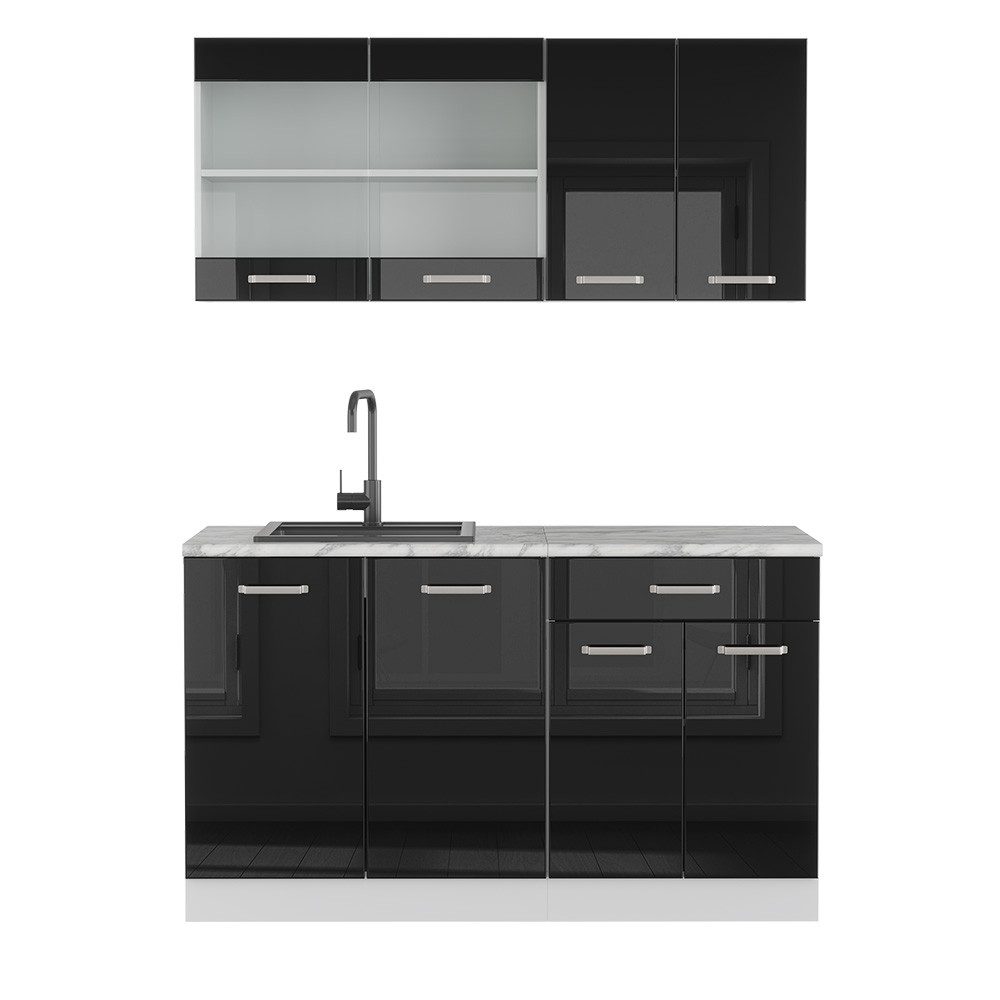 Vicco Küchenzeile R-Line, Schwarz Hochglanz/Weiß, 140 cm mit Arbeitsplatte