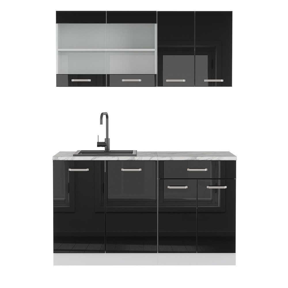 Vicco Küchenzeile R-Line, Schwarz Hochglanz/Weiß, 140 cm, AP Marmor
