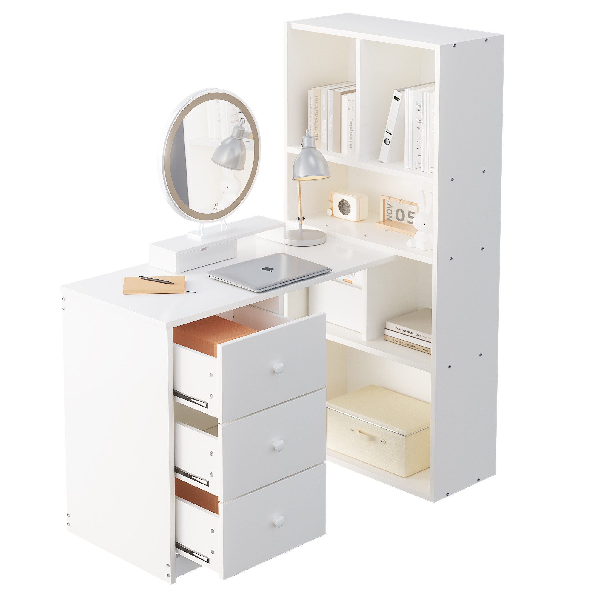 MODFU Schreibtisch mit 4 Ablagefächern, 3 Schubladen und Bücherregal (Computertisch, Bürotisch), Eckschreibtisch 117×63×135 cm