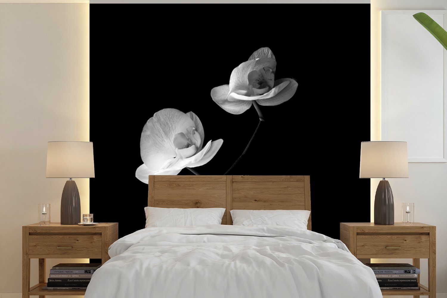 MuchoWow Fototapete Orchidee - Blumen - Schwarz - Weiß - Stilleben, Matt, bedruckt, (4 St), Vliestapete für Wohnzimmer Schlafzimmer Küche, Fototapete