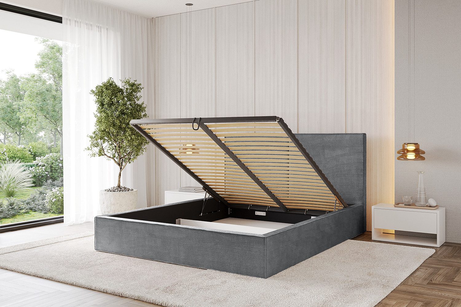 ALTDECOR Polsterbett EMMI (Polsterbett mit Bettkasten und Lattenrost, Boxbett ohne Matratze), Doppelbett mit Stauraum, Bett mit Kopfteil