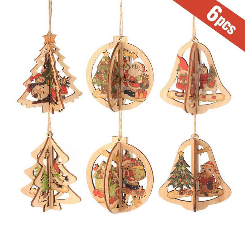 Homewit Christbaumschmuck 3D Weihnachtsbaumschmuck Weihnachtsbaum Holz Anhänger Dekoration (6-tlg), Holz Ornamenten für Weihnachtsbaum Weihnachtsmann Weihnachtsglocken