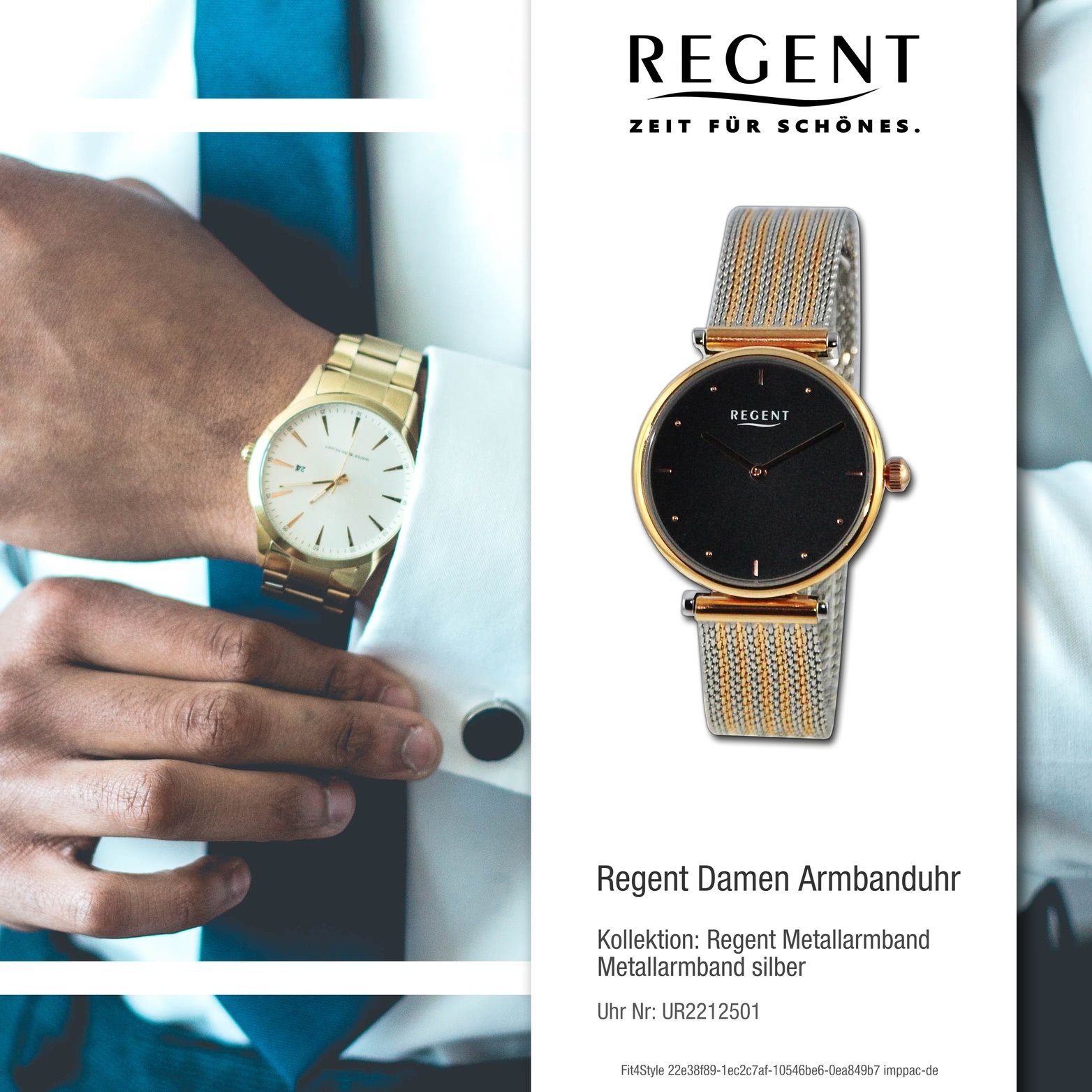 Metallarmband Regent Gehäuse, Quarzuhr groß Damen Regent Damenuhr silber, (33mm) rosegold, rundes Armbanduhr Analog,